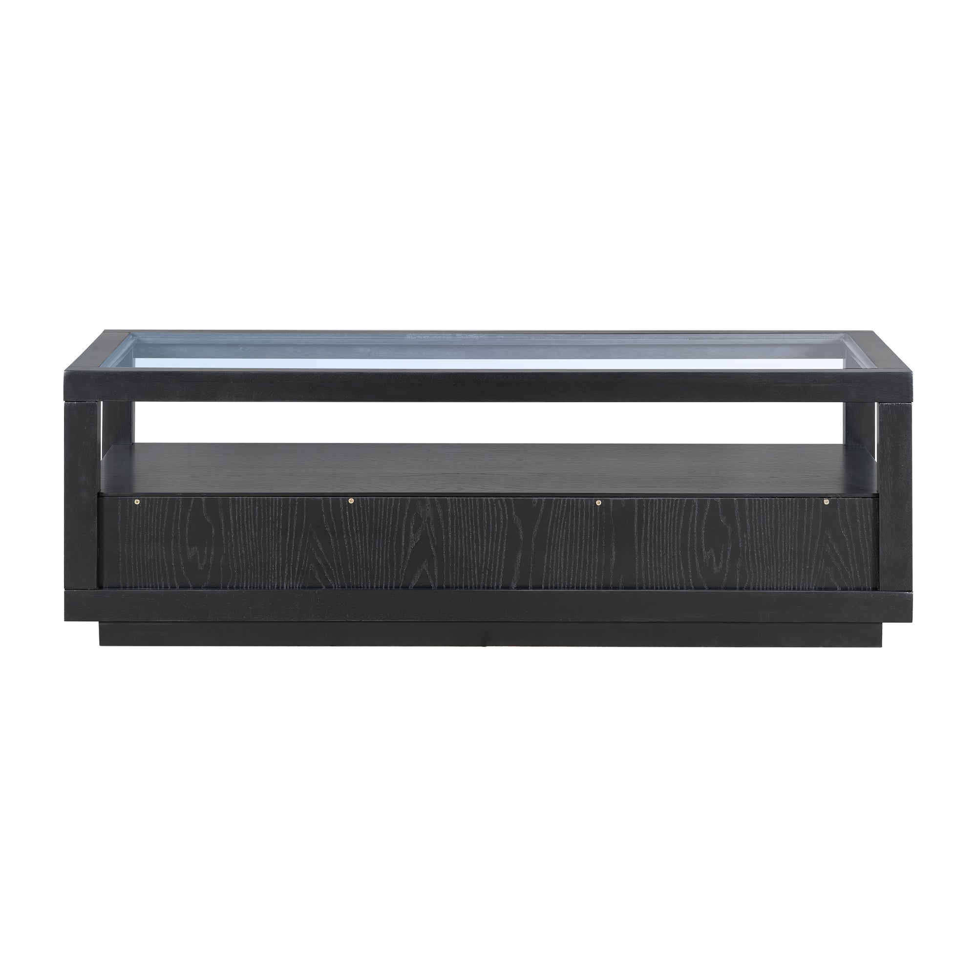 U-Can modern wooden coffee table with 2 drawers and minimalist display coffee table with transparent tempered glass