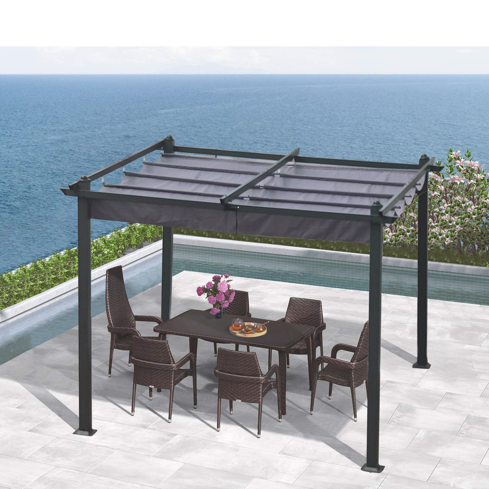 Pergola rétractable d'extérieur de 10 x 10 pieds avec auvent et abri solaire pour jardins, terrasses et arrière-cour, grise