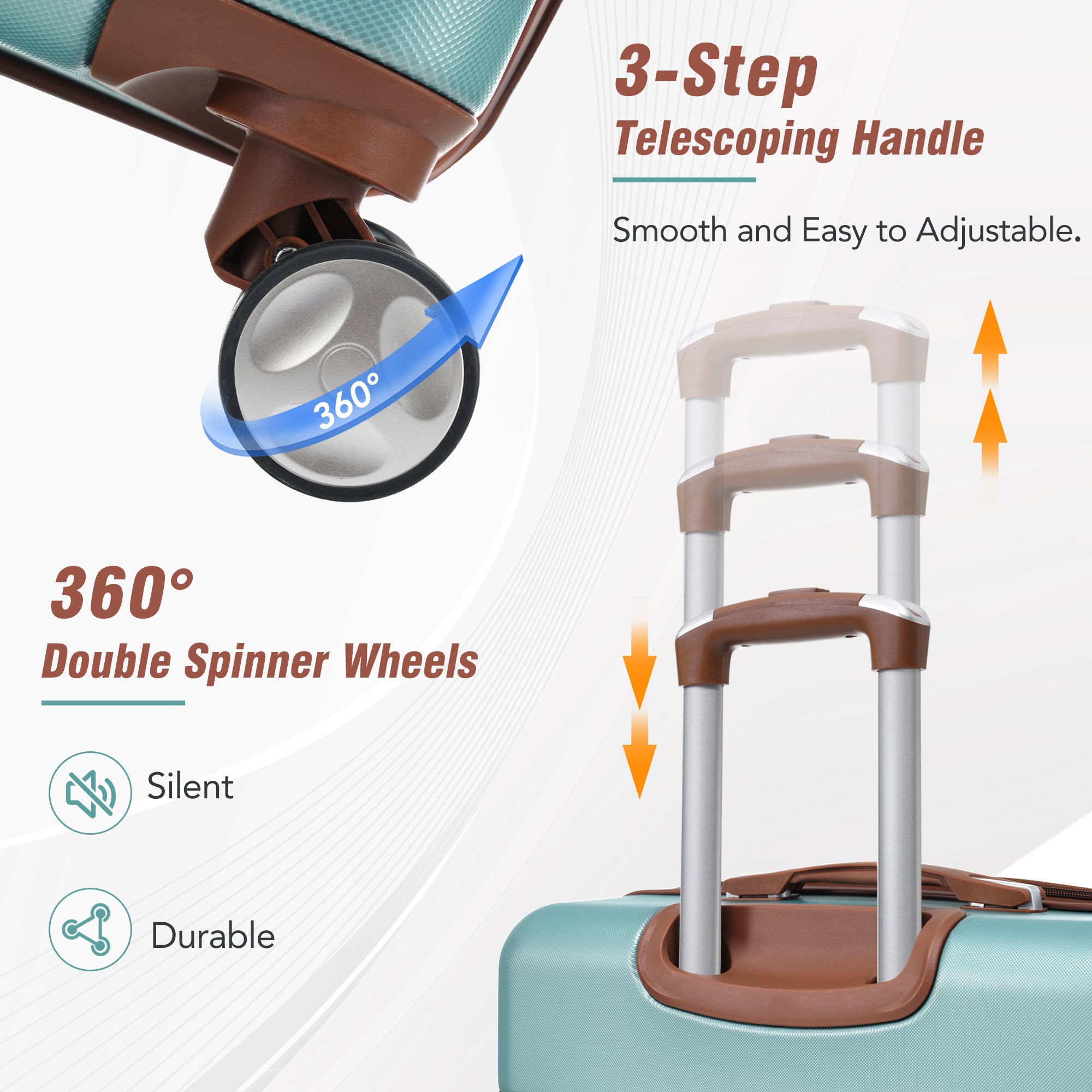 Ensemble de 3 valises rigides 20" + 28" avec trousse de maquillage, valise à roulettes avec serrure TSA, légère et verte