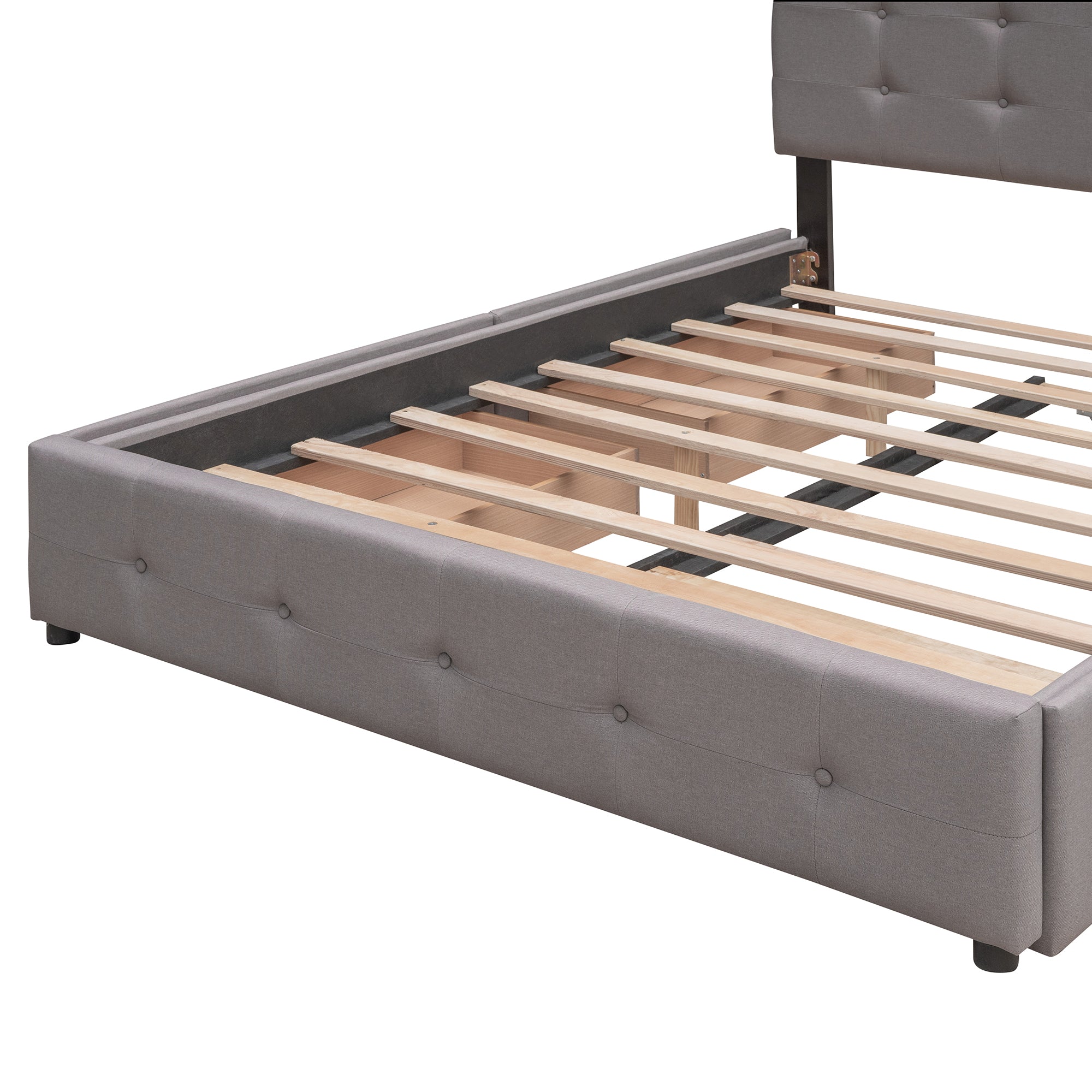 Lit plateforme rembourré avec 2 tiroirs et 1 lit gigogne simple XL en tissu lin, taille Queen - Gris clair