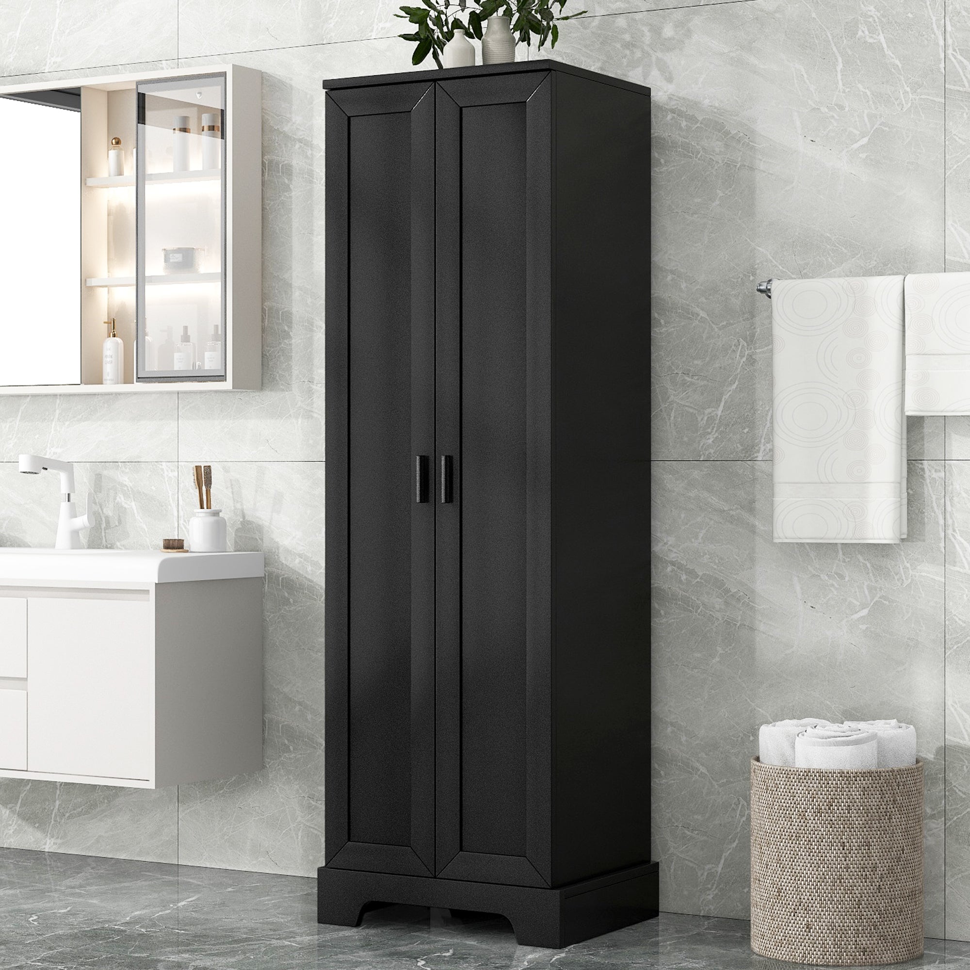 Meuble de rangement à deux portes pour salle de bain et bureau, étagère réglable, panneau MDF, noir