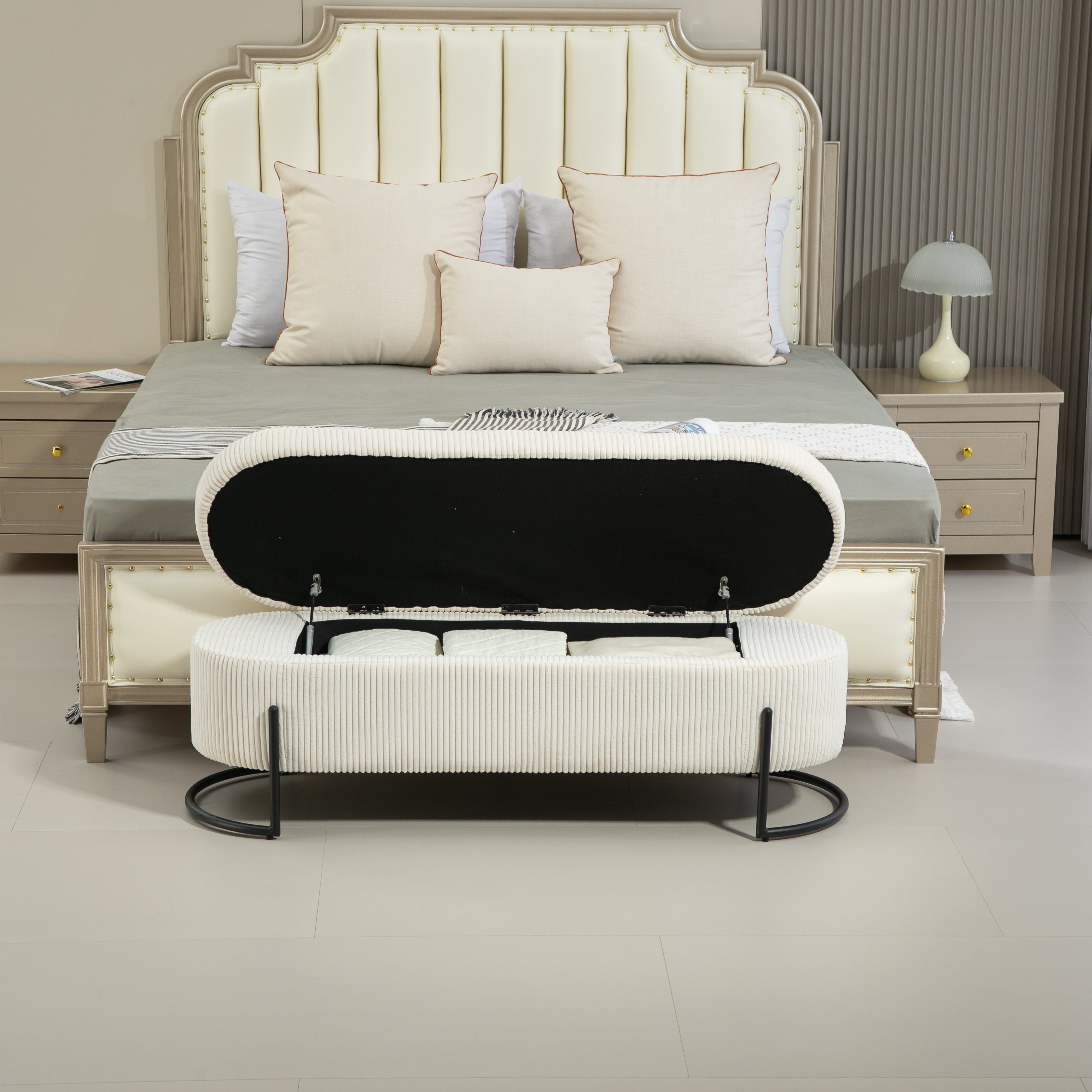 Chaise ottomane de rangement COOLMOR avec charnière de sécurité et coussin en tissu doux (beige)