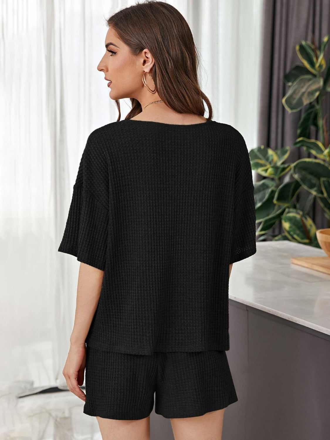 Ensemble haut et short en tricot gaufré à épaules tombantes, taille réelle