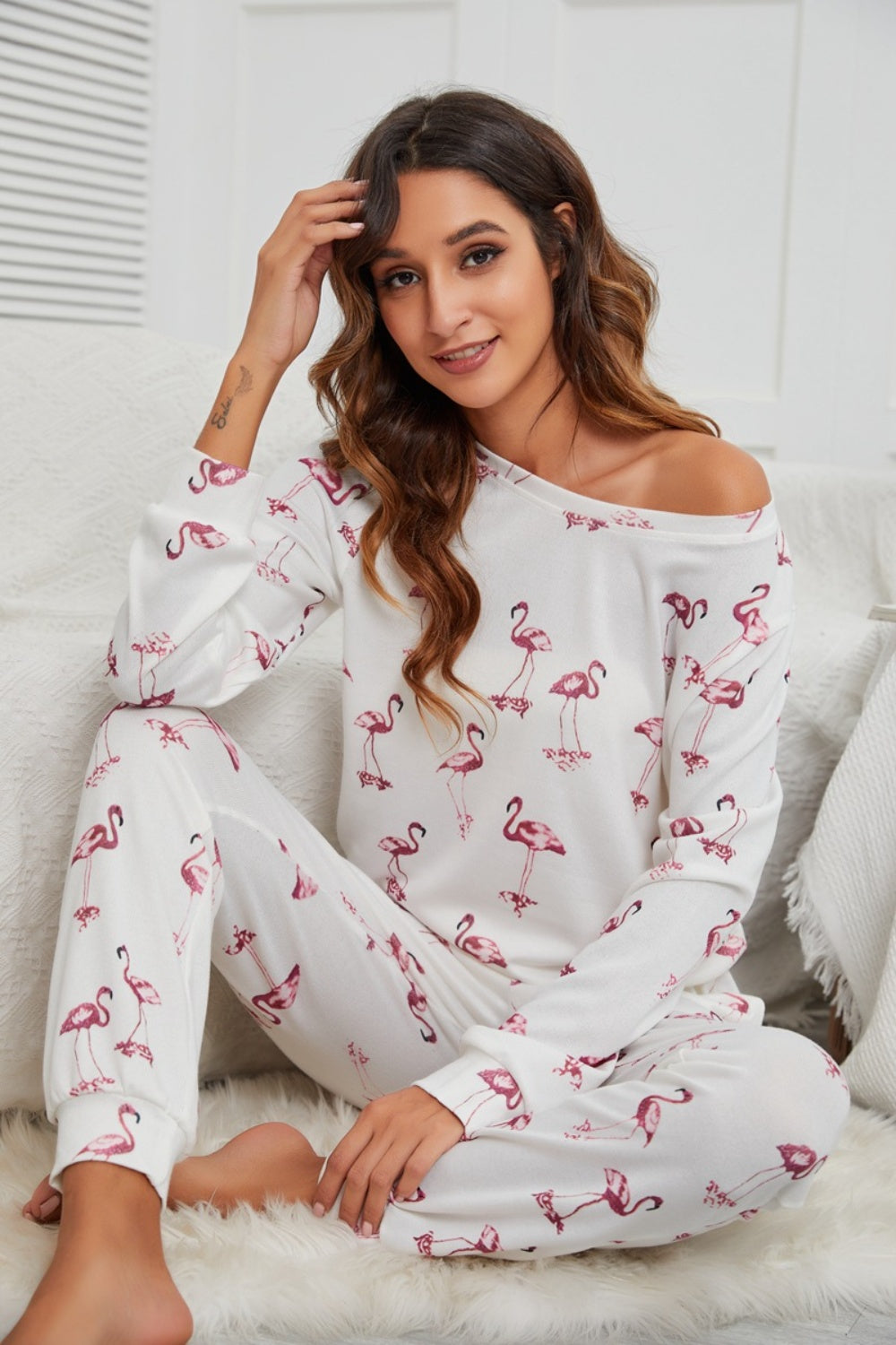 Ensemble haut à manches longues et pantalon flamant rose