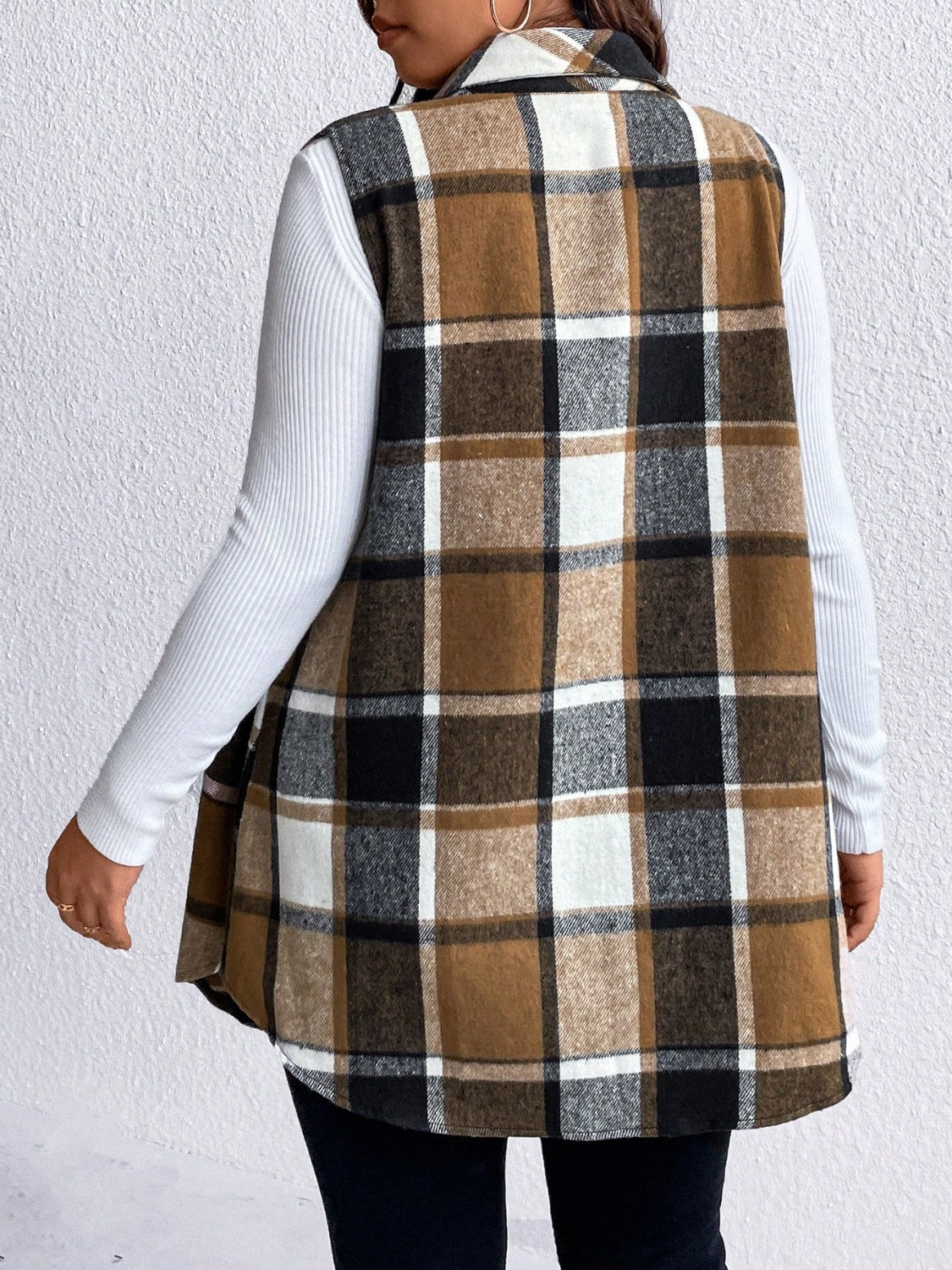 Manteau sans manches boutonné à carreaux et poches Honey grande taille