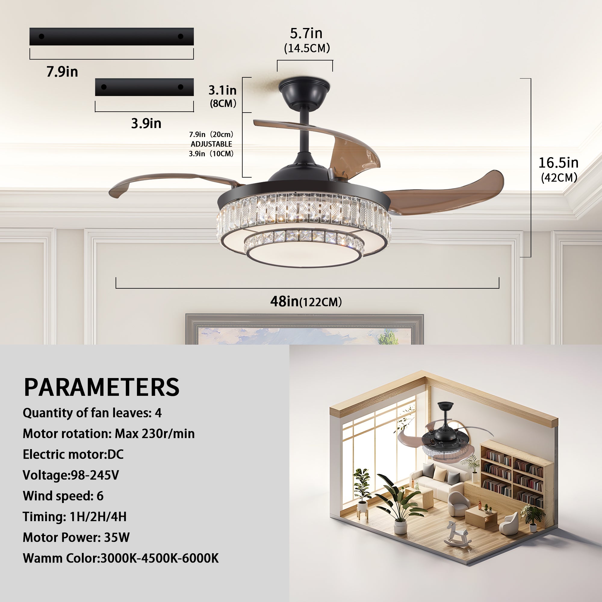 Ventilateur de plafond rétractable LED moderne avec éclairage et télécommande, moteur réversible silencieux, ventilateur de plafond moderne à 4 pales