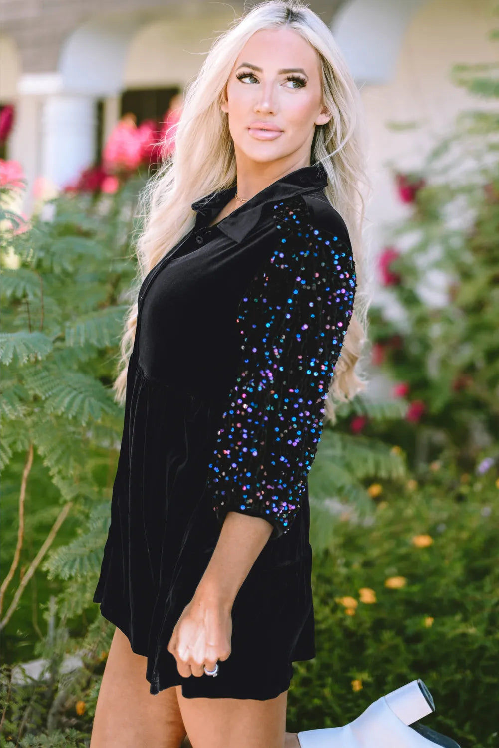 Chemise oversize à col à paillettes et manches trois-quarts