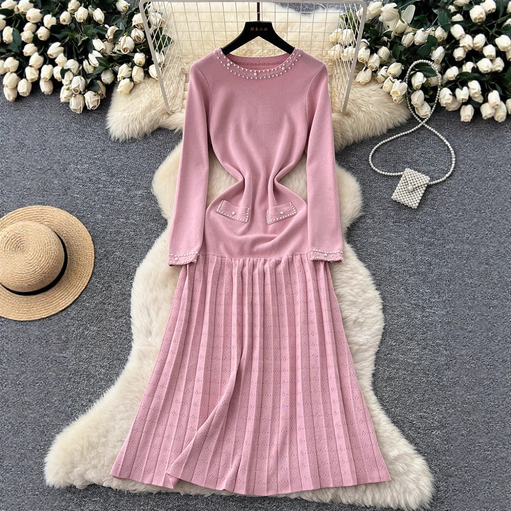 Elegant Long Sleeve Pearl Embellished Pleated Knit Dress for Women