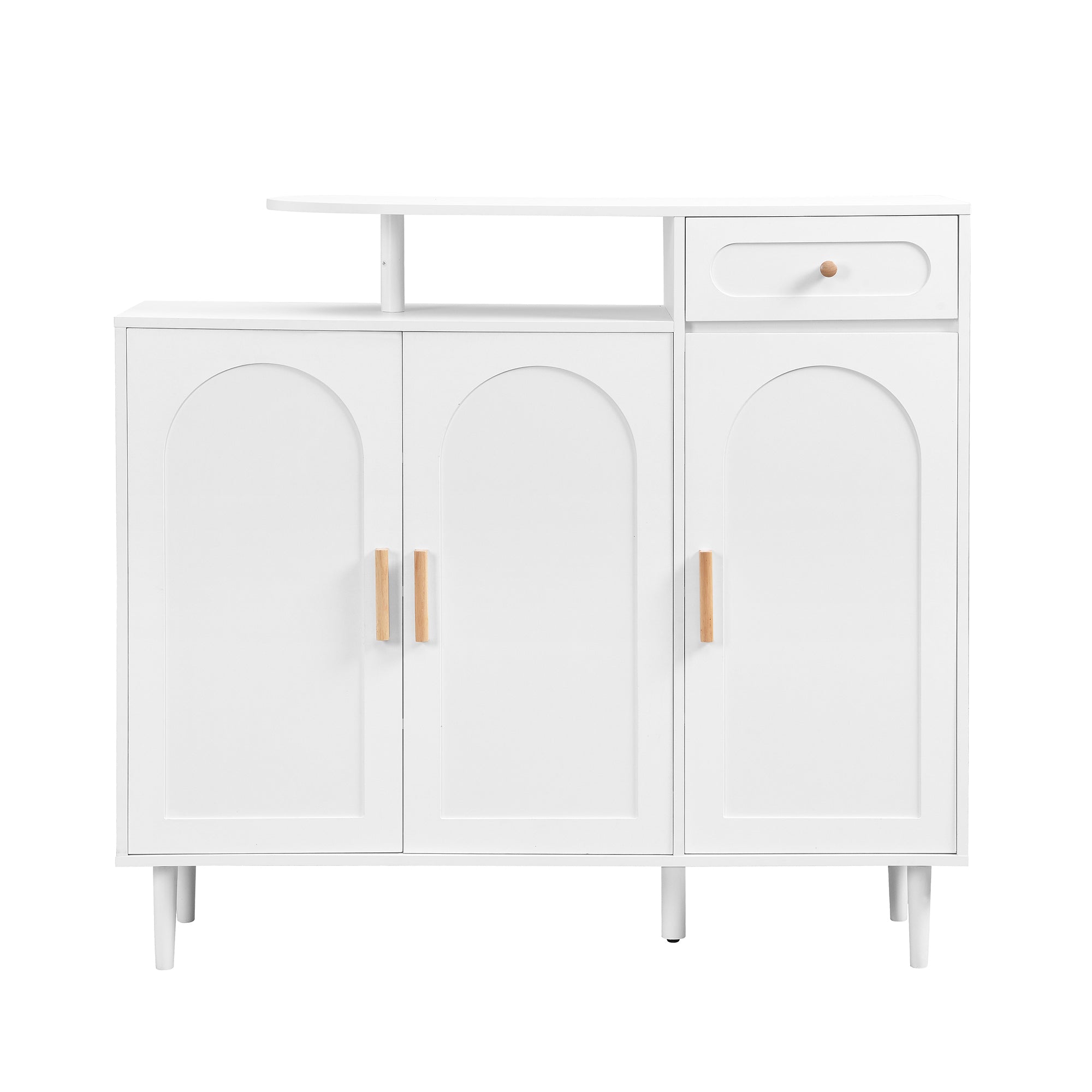 Meuble à chaussures élégant ON-TRANS avec portes et tiroirs cintrés, panneaux latéraux de rangement, étagères réglables et pieds en bois massif, blanc