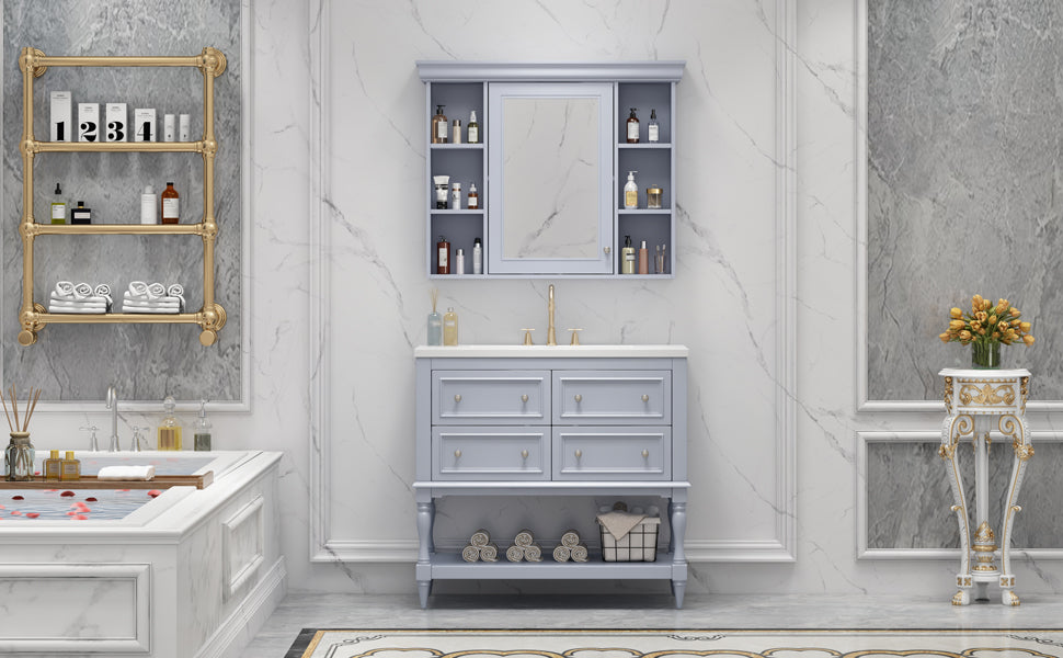 Meuble-lavabo de salle de bain 36'' avec armoire à pharmacie, armoire à miroir moderne avec étagère réglable, meuble de rangement de salle de bain avec 4 tiroirs