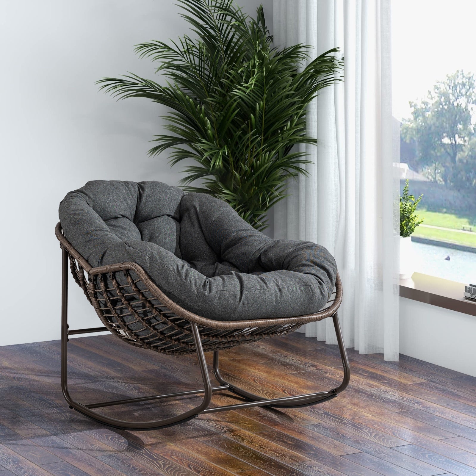Outdoor Rattan Rocking Chair With Padded Cushion For Porch And Living Room