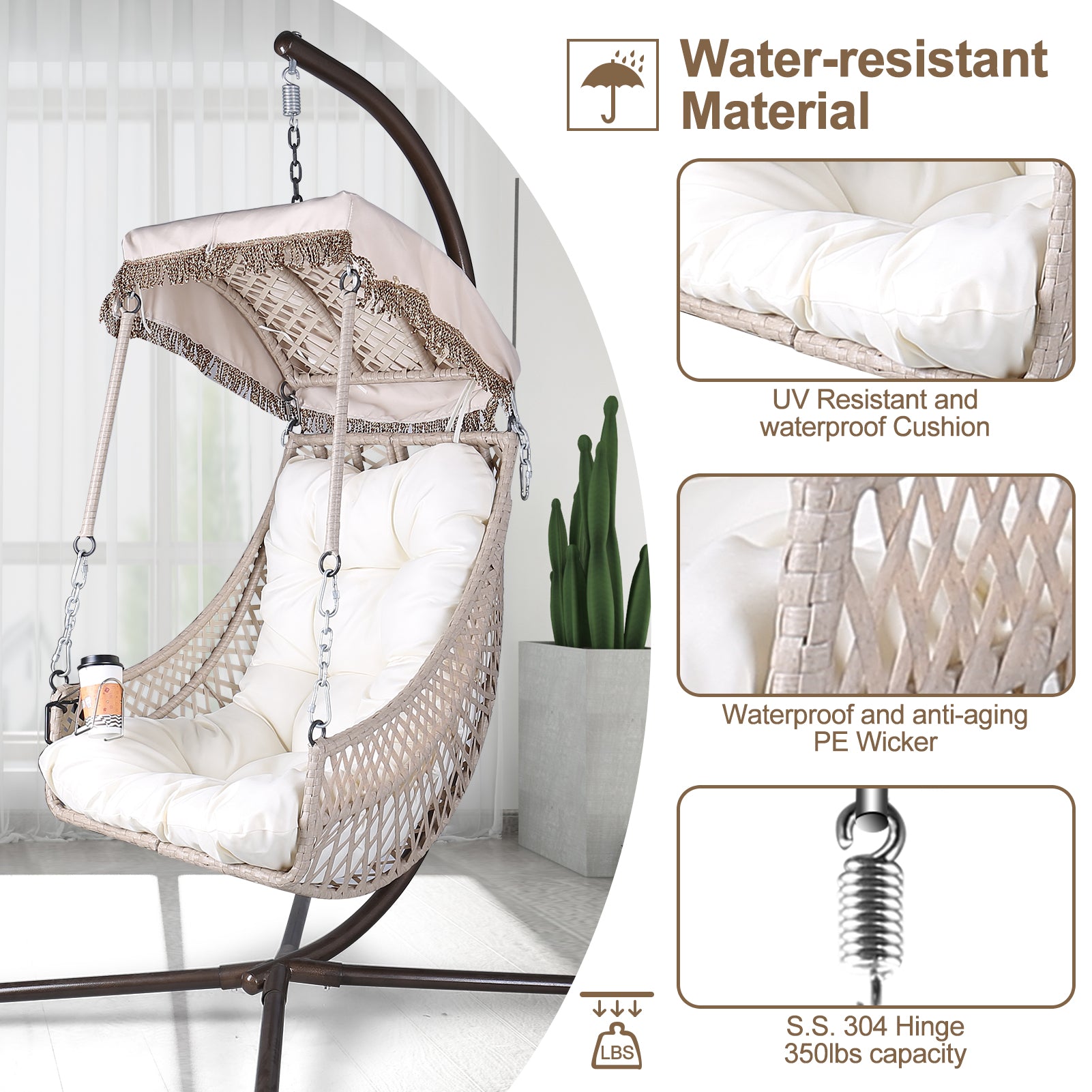 Chaise pivotante avec support, cadre en rotin et osier, capacité de 158 kg, pour patio, chambre à coucher, avec pare-soleil