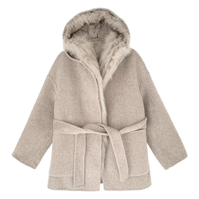 Manteau en laine à capuche pour femme, couleur unie, avec fourrure de renard et ceinture ample, nouveauté hiver