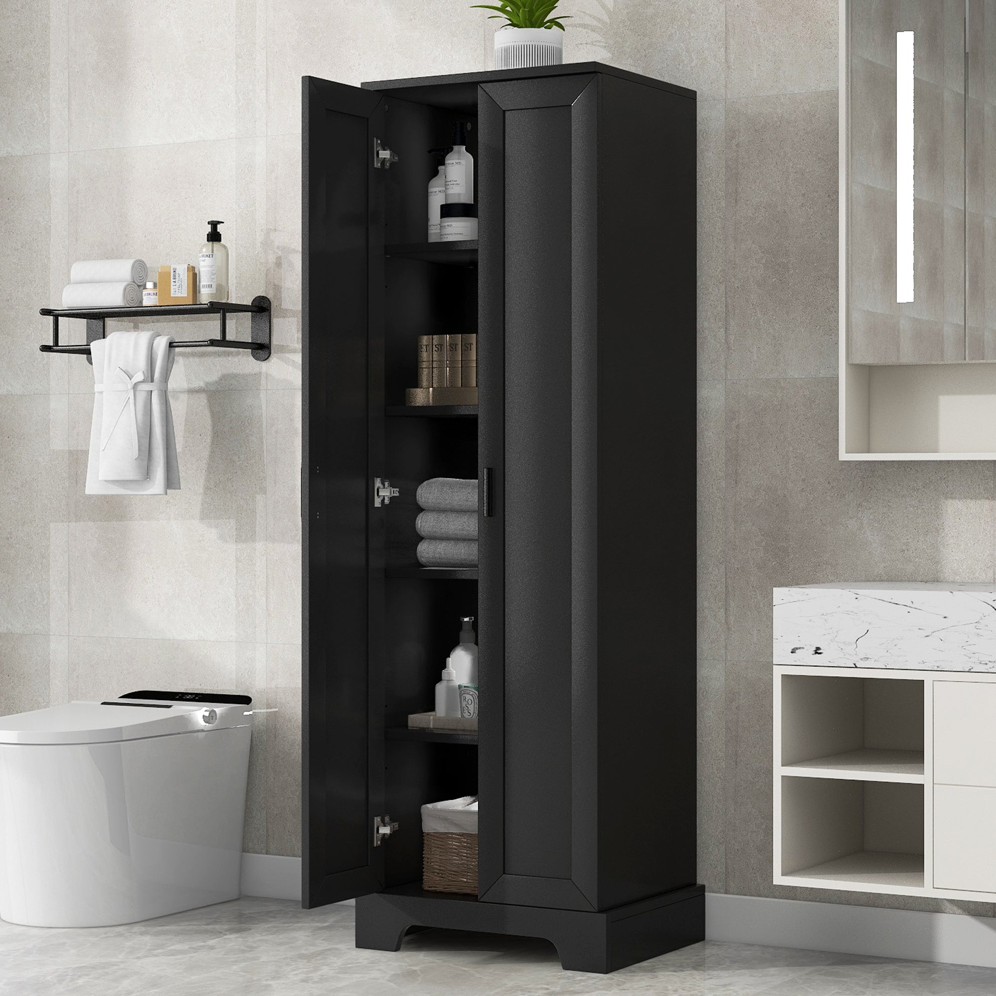 Meuble de rangement à deux portes pour salle de bain et bureau, étagère réglable, panneau MDF, noir