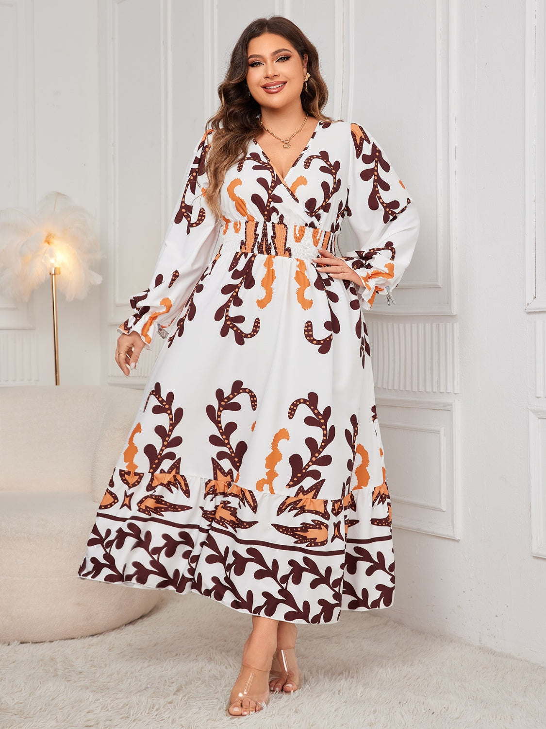 Robe grande taille imprimée à volants et manches volantées