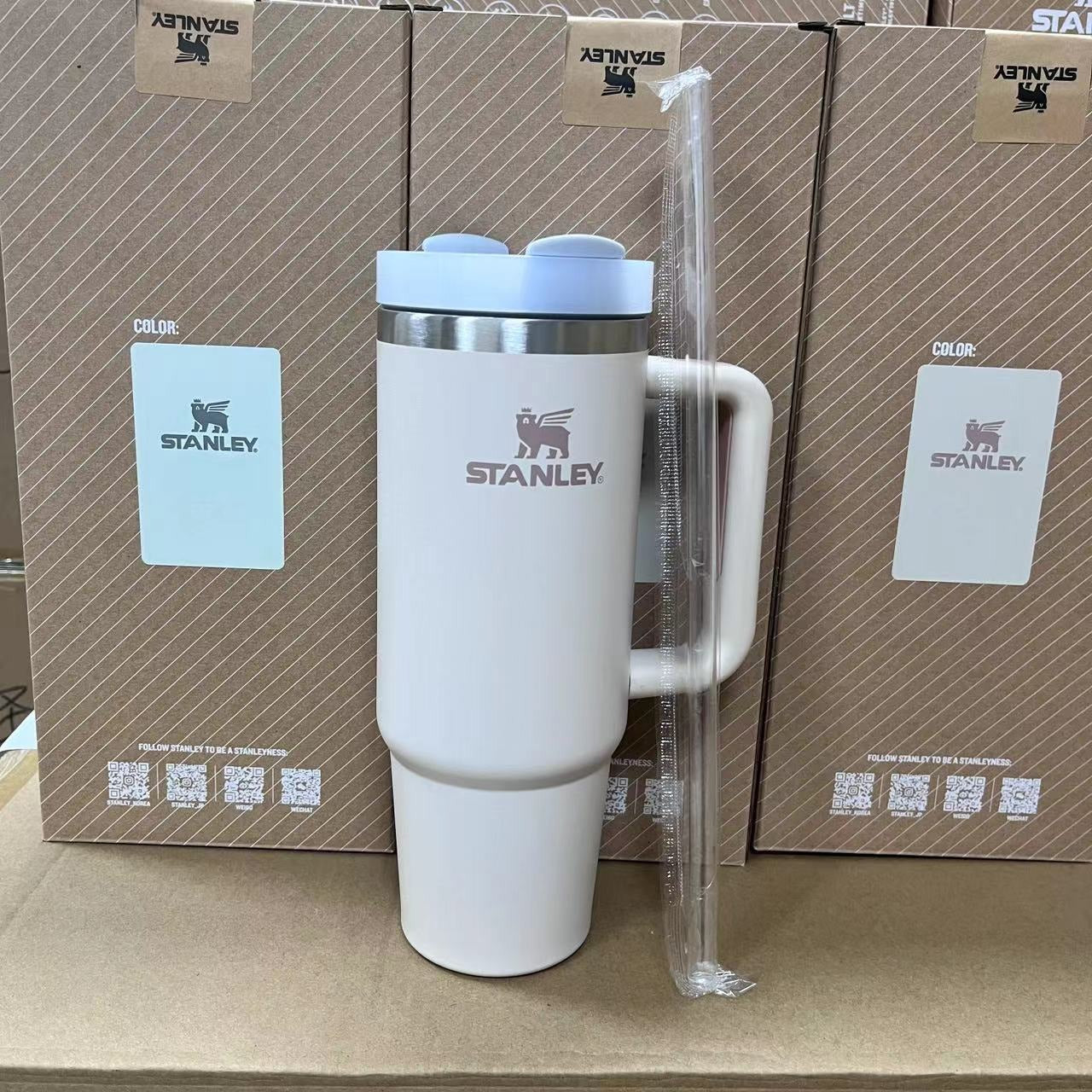 Gobelet Stanley avec poignée et couvercle en paille en acier inoxydable, 30 oz, isolé sous vide, pour voiture, double paroi, isotherme, pour voyage