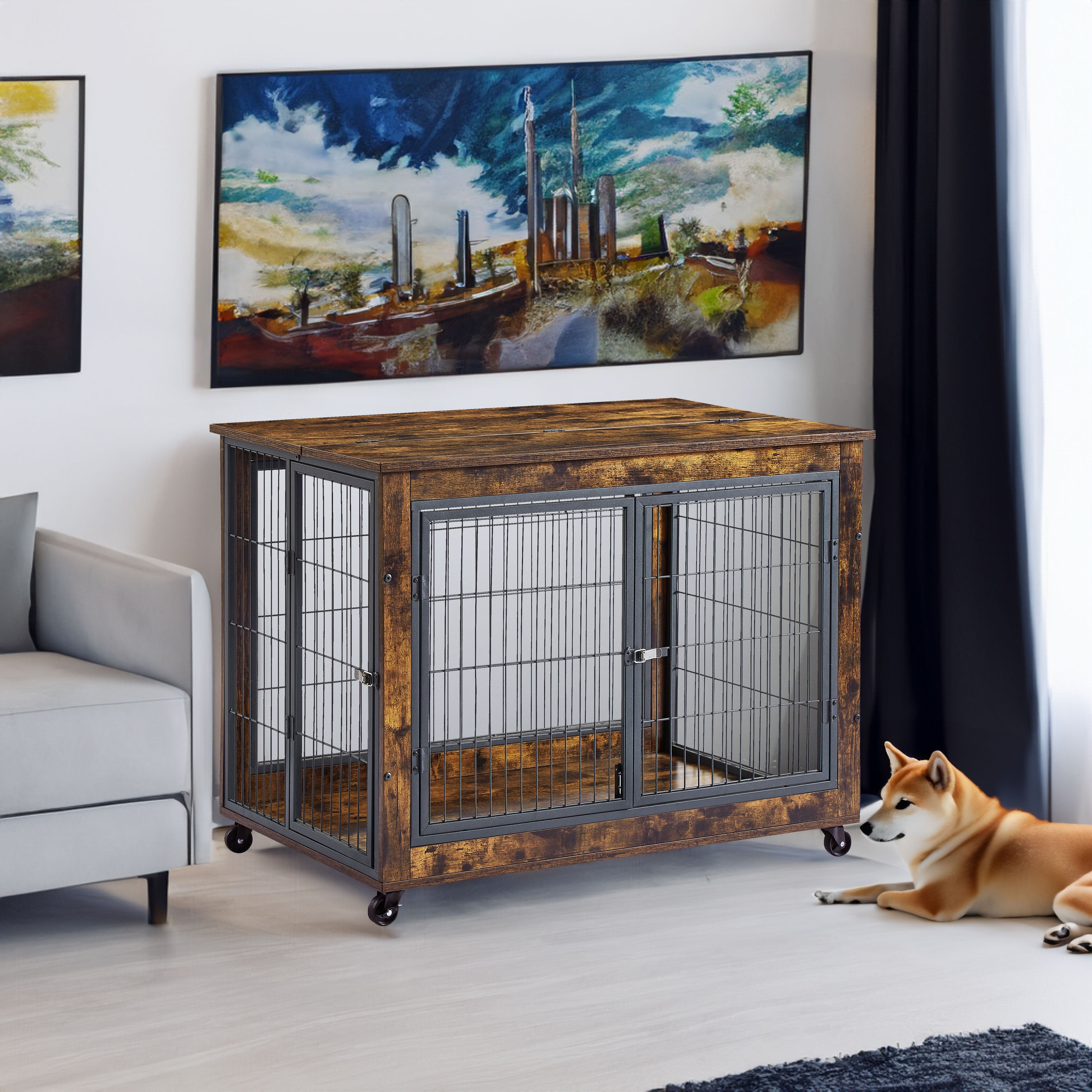 Cage pour chien avec portes doubles, brun rustique, 98 cm de largeur x 64 cm de profondeur x 69 cm de hauteur