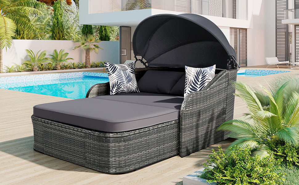 Chaise longue d'extérieur GO 79,9" avec auvent réglable, double salon, lit de repos en rotin synthétique, osier gris et coussin