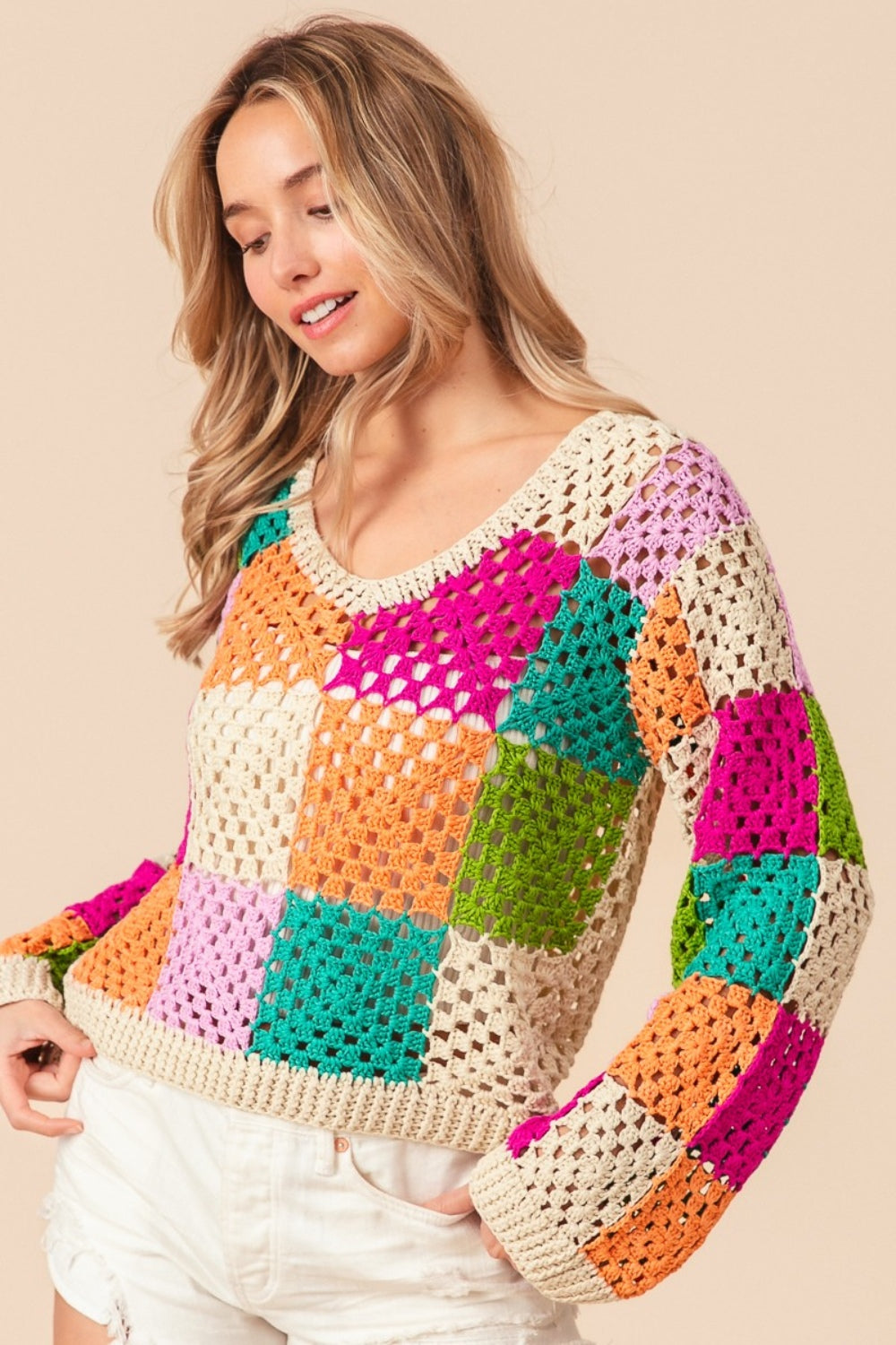 Haut en tricot à carreaux multicolores à manches longues BiBi