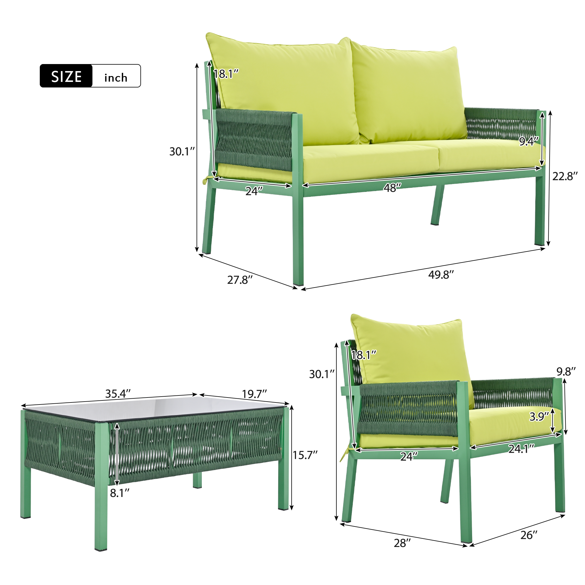 Outdoor Furniture with Tempered Glass Table, Set Deep Seating with Thick Cushion (Fluorescent Yellow & Green)