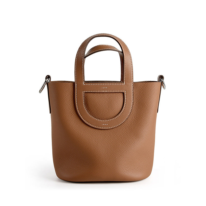 Sac seau en cuir véritable pour femme, sacoche à bandoulière en cuir de vachette avec couche supérieure et nez de cochon