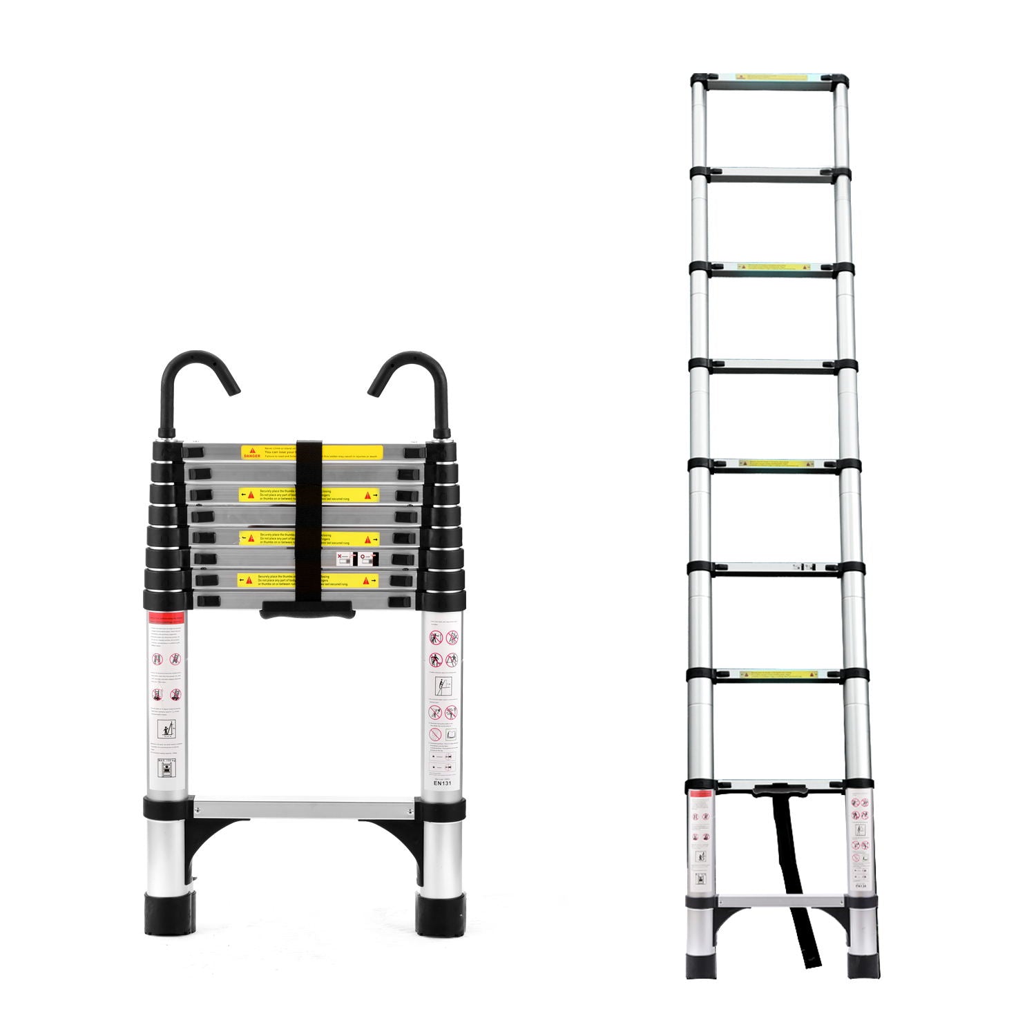 Échelle télescopique de 8,5 pieds en alliage d'aluminium, échelle télescopique pliante polyvalente avec crochets et cadre de support triangulaire