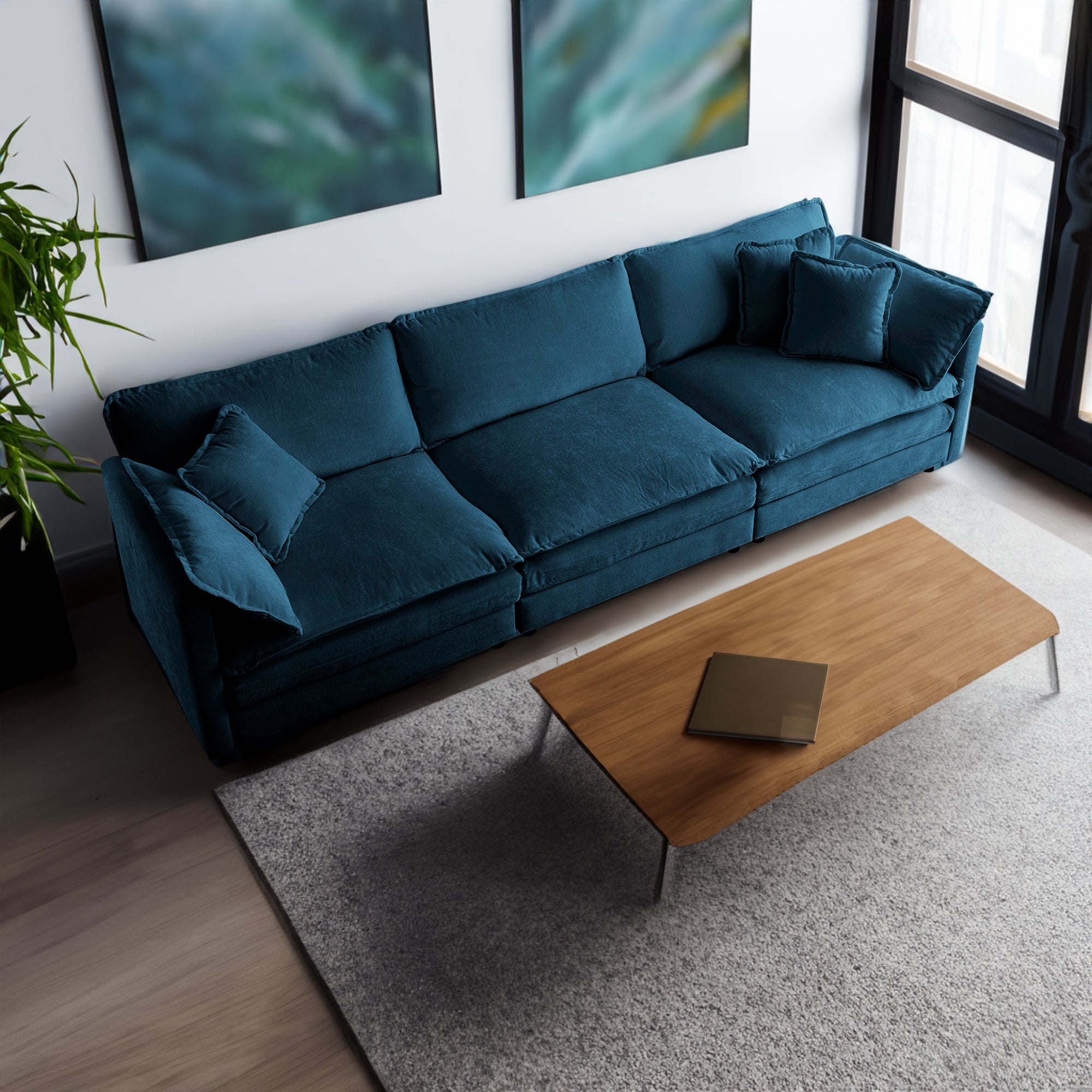 Canapé 3 places moderne du milieu du siècle avec 2 coussins d'accoudoir et 3 coussins décoratifs, canapé pour salon en chenille bleue