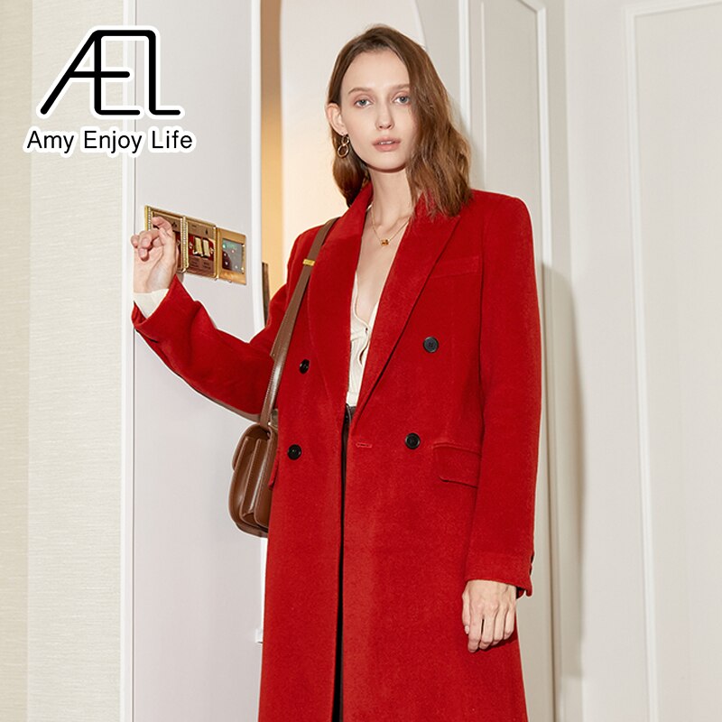 Manteau long en laine rouge à double boutonnage, style vintage, ample