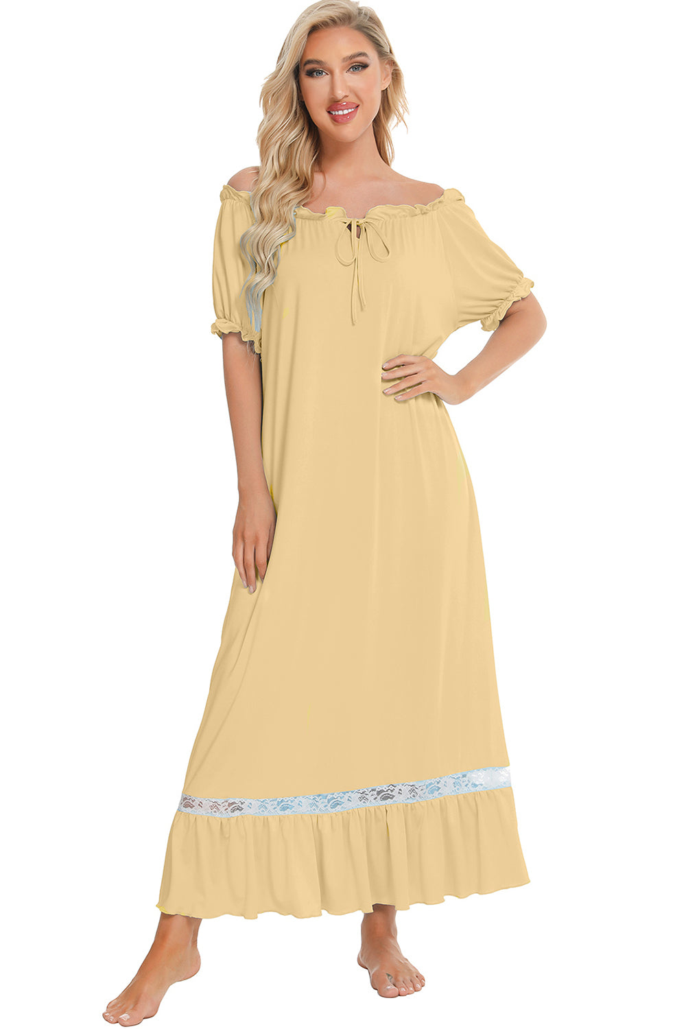 Robe de détente à manches courtes et détails en dentelle