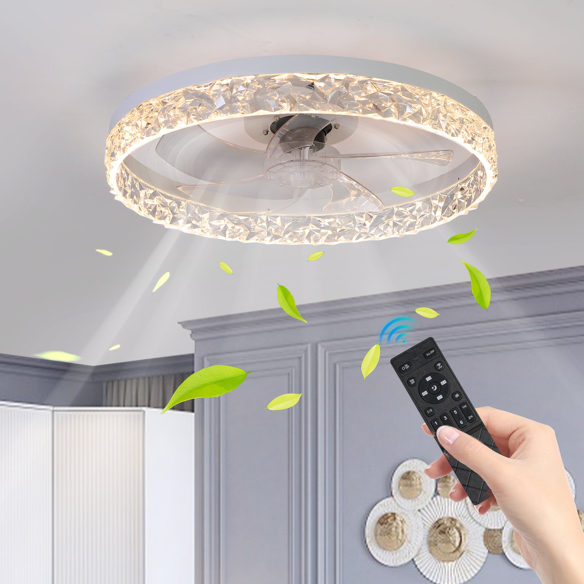 Ventilateur de plafond moderne en acrylique avec télécommande, suspension LED à intensité variable, réglable à 6 vitesses, moteur silencieux
