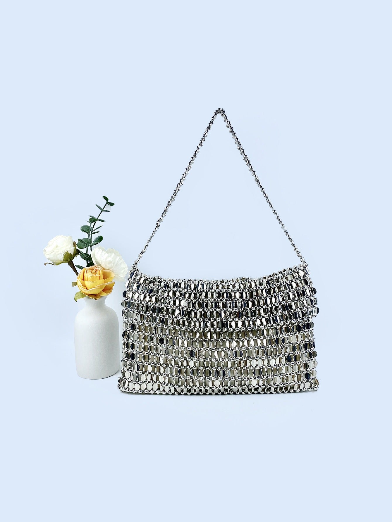 Sac à main rétro en métal argenté à paillettes pour femme, tissé à la main, haut de gamme, à bandoulière et sous les aisselles