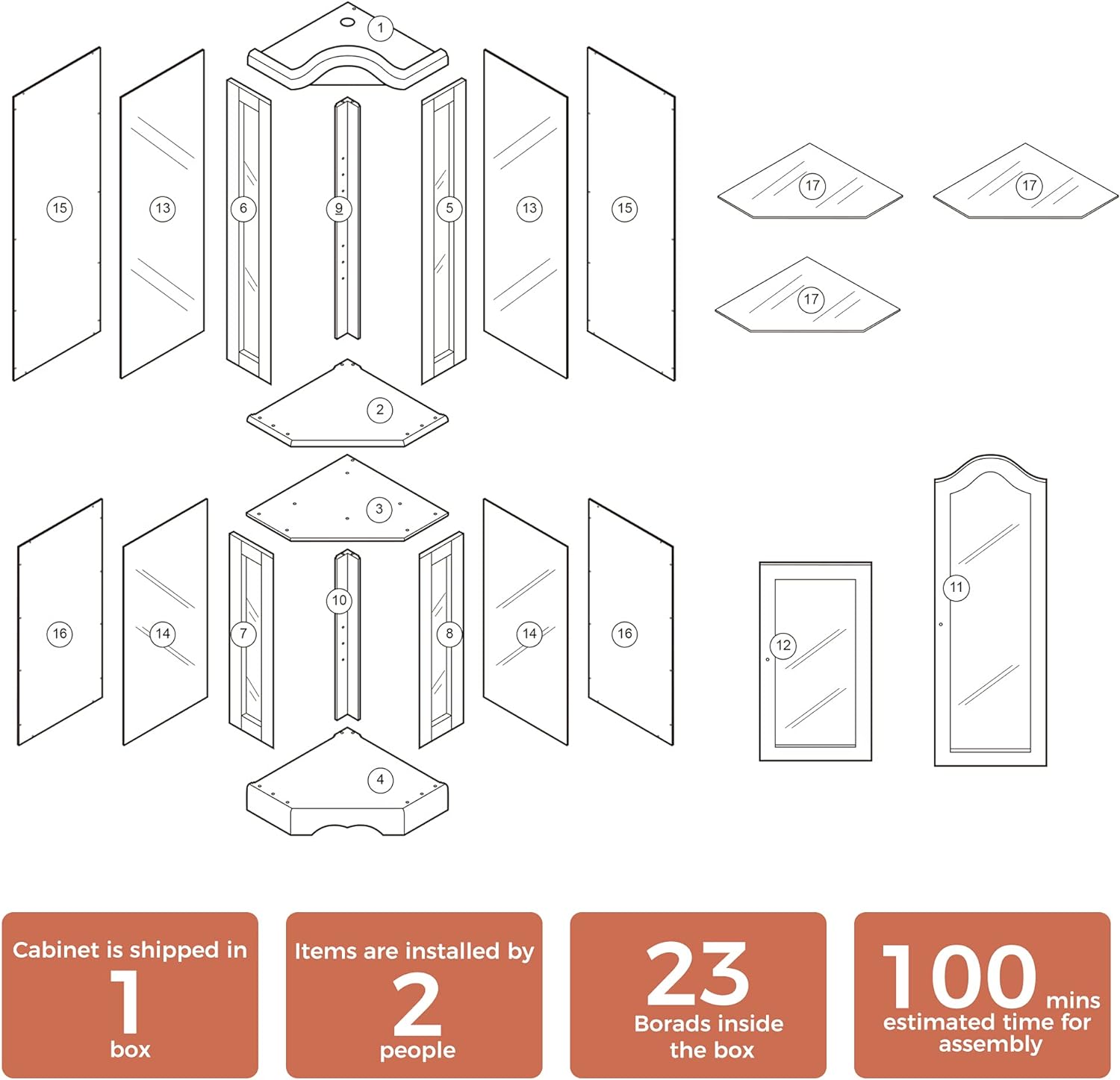 Corner Curio cabinet, adjustable tempered glass frame, rearview mirror, display cabinet, walnut wood (excluding E26 bulbs)