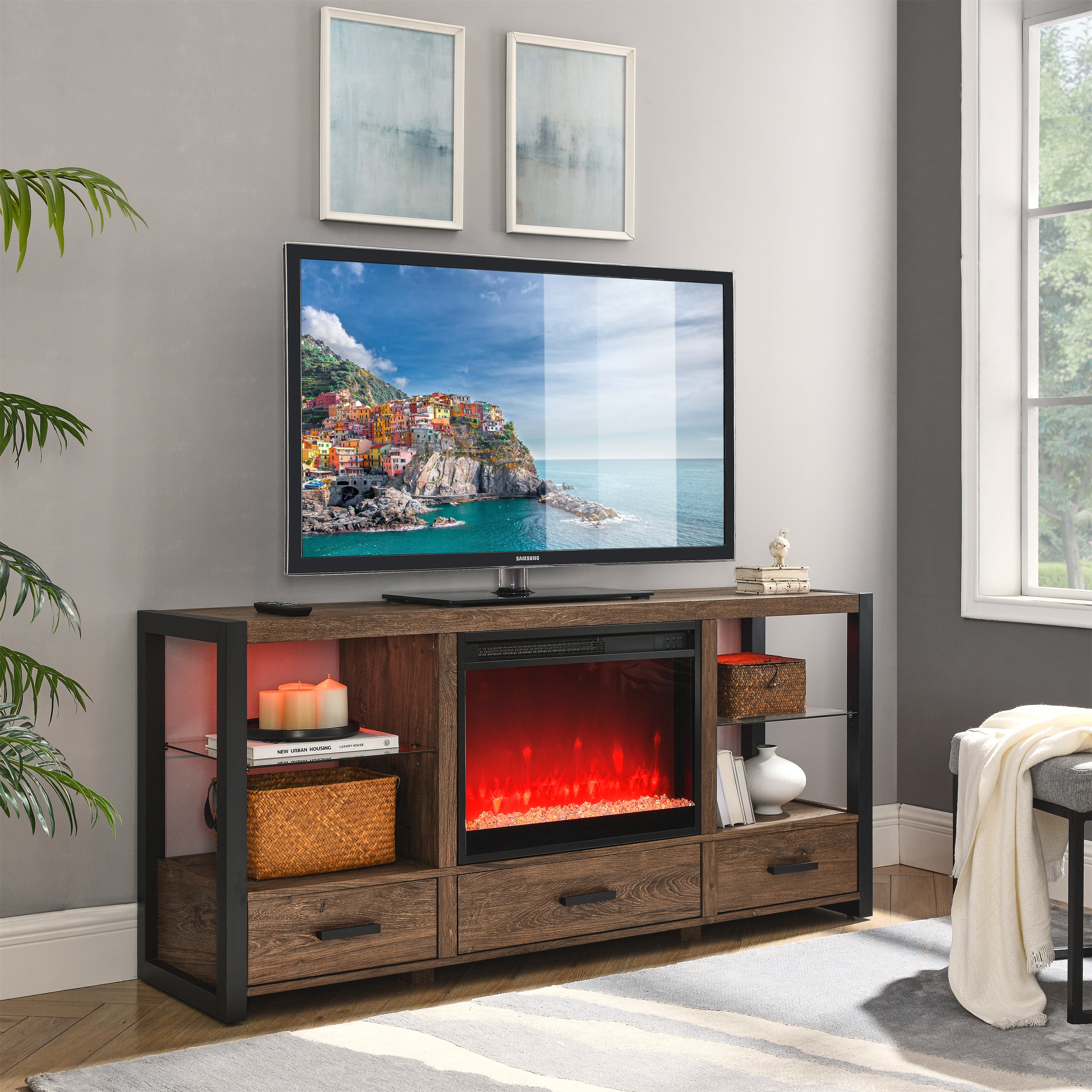 Meuble TV multimédia avec foyer électrique de 60 pouces et lumières LED colorées synchronisées - Couleur bois de grange recyclé