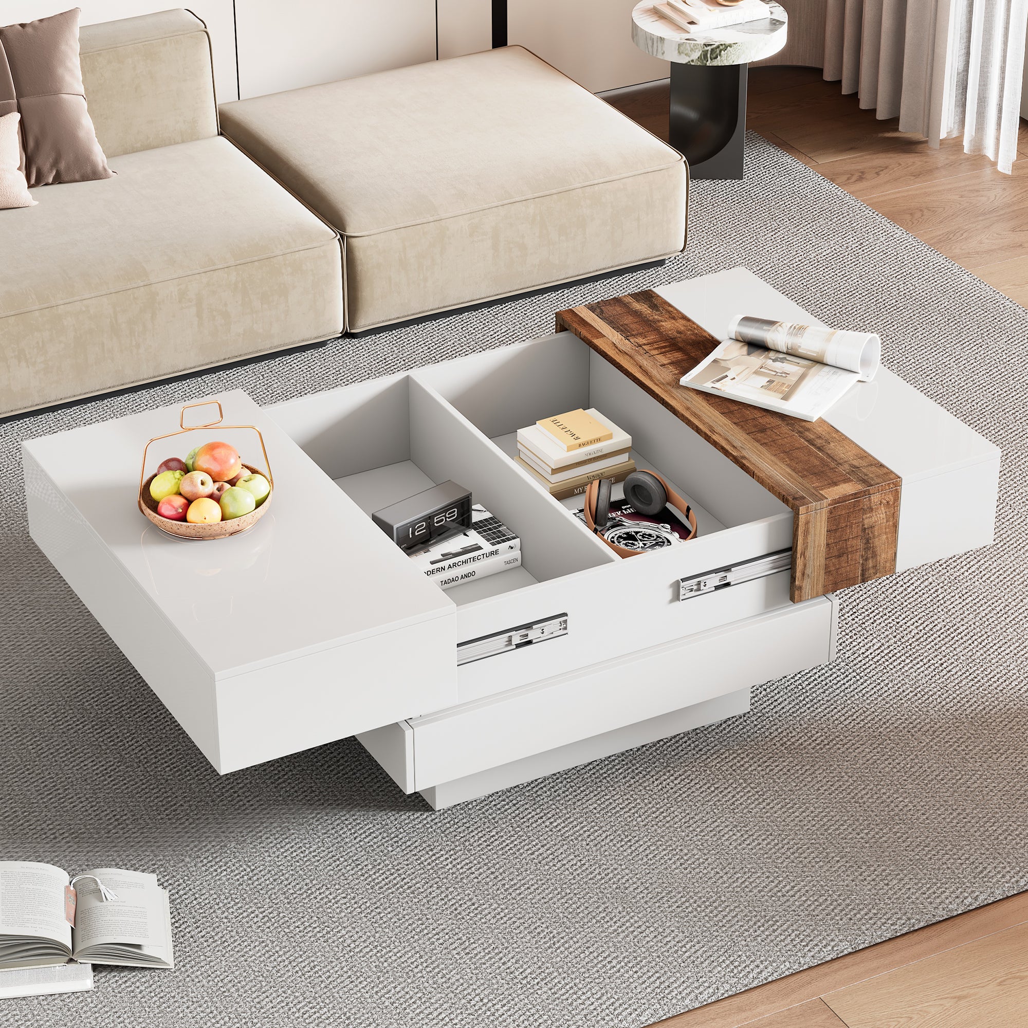 ON-TRANS 31,4 pouces x 31,4 pouces avec plateau coulissant, table centrale haute brillance, espace de rangement caché blanc