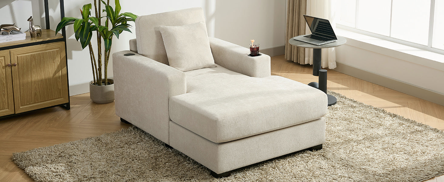 Canapé-lit surdimensionné de 100 cm, style moderne, avec coussins, station de charge et porte-gobelets, tissu chenille, couleur crème