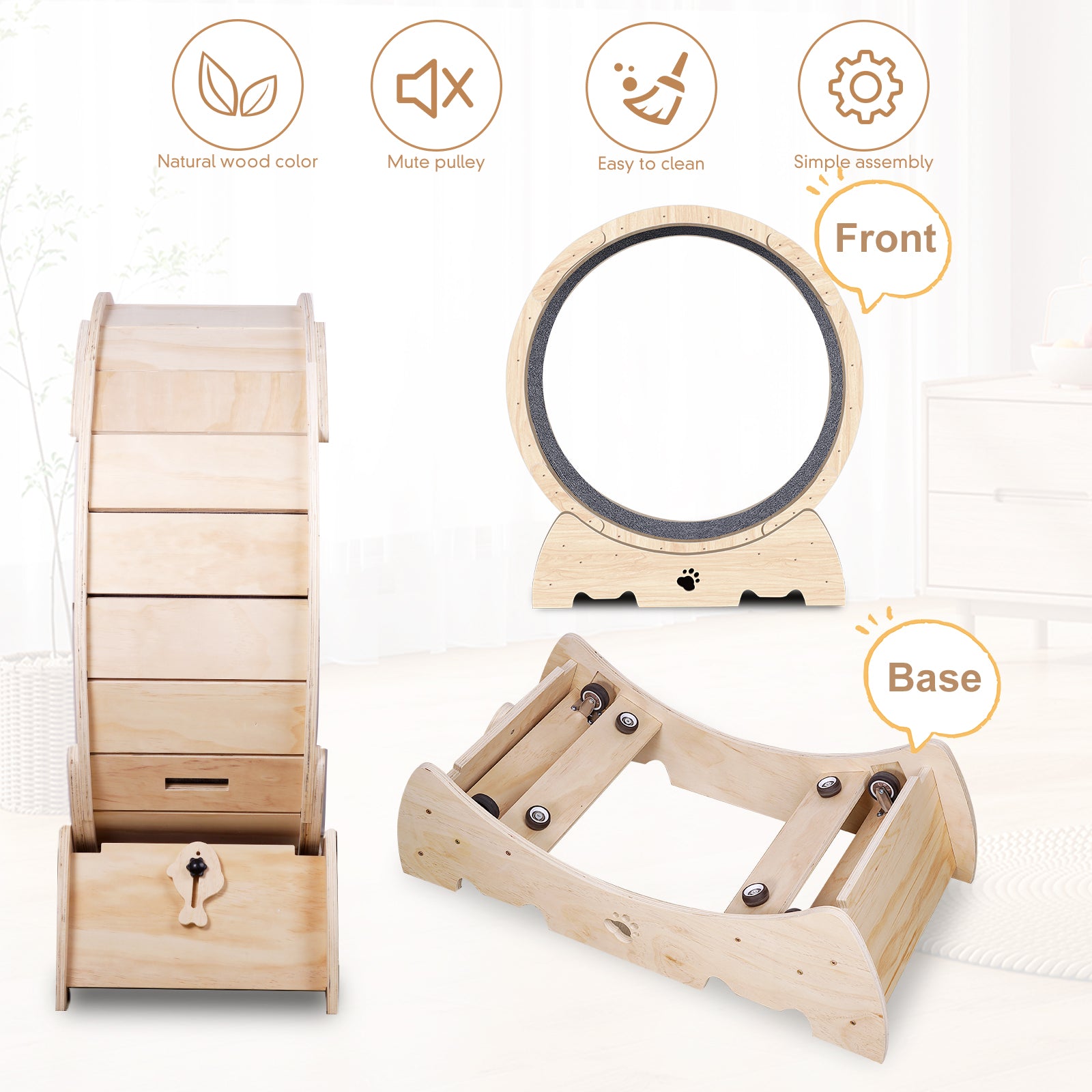 Roue d'exercice pour chats d'intérieur, roue de course pour chats avec tapis, 94 cm, couleur bois naturel