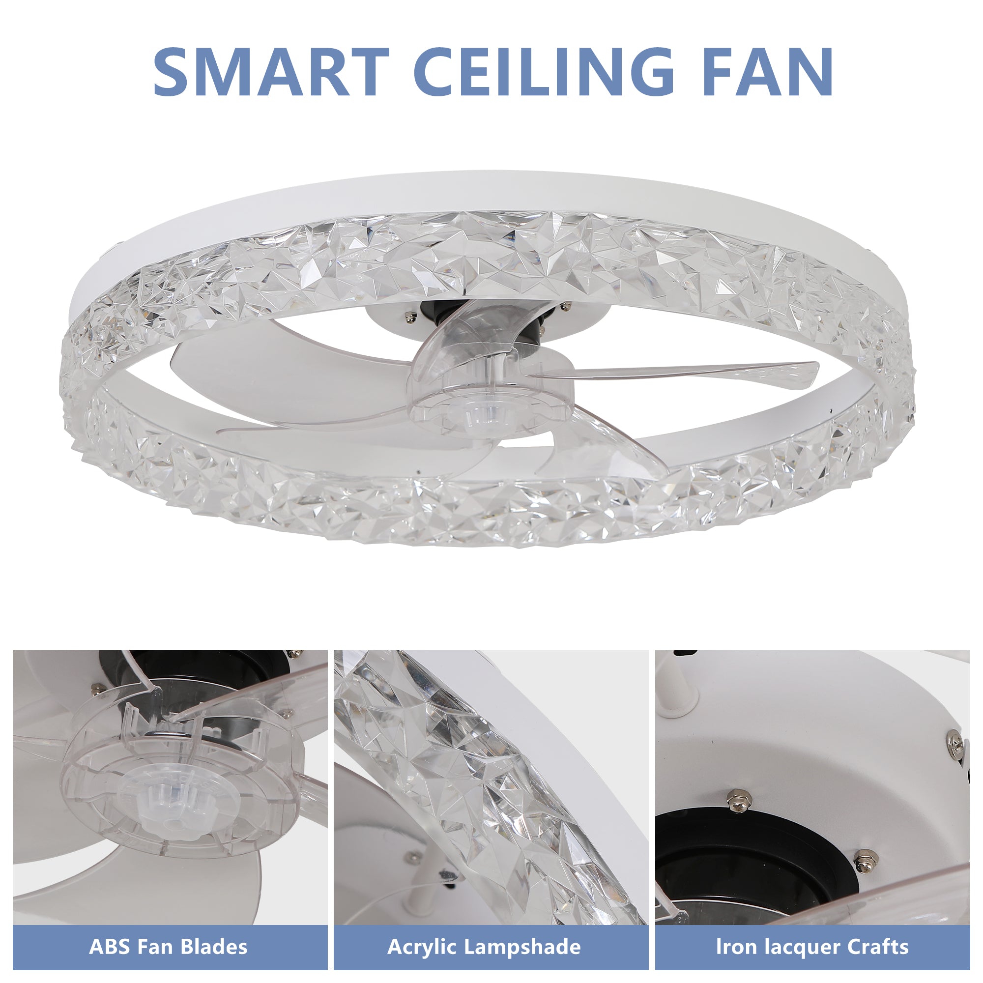 Ventilateur de plafond moderne en acrylique avec télécommande, suspension LED à intensité variable, réglable à 6 vitesses, moteur silencieux