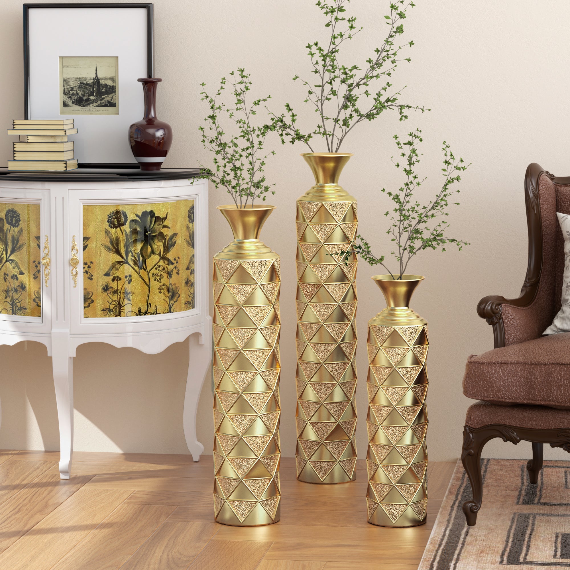 High pressure metal center vase with 3D triangular pattern, set of 3 vases, height 33.5 inches, 29.5 inches, 25.2 inches, gold