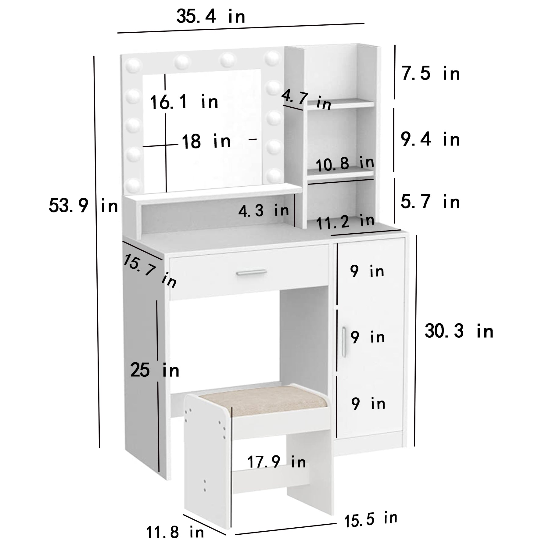 Grand tiroir avec miroir et lumière, meuble de rangement à trois niveaux, luminosité réglable pour 3 modes d'éclairage (blanc avec tabouret)