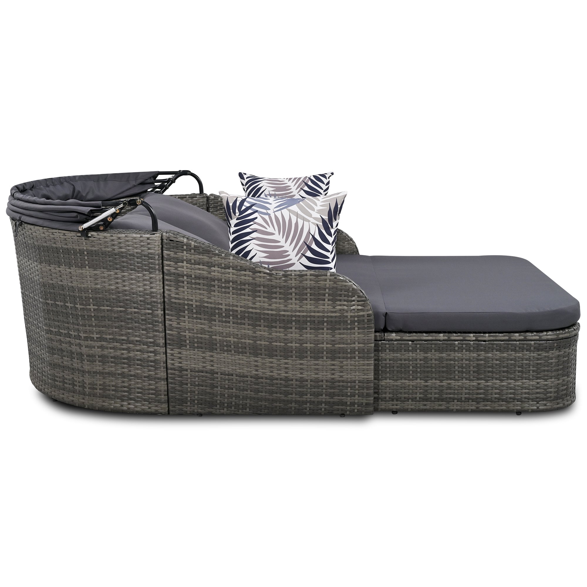 Chaise longue d'extérieur GO 79,9" avec auvent réglable, double salon, lit de repos en rotin synthétique, osier gris et coussin