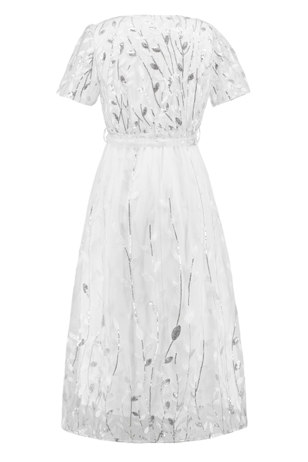 Robe à manches courtes avec broderie de feuilles à sequins et nœud sur le devant