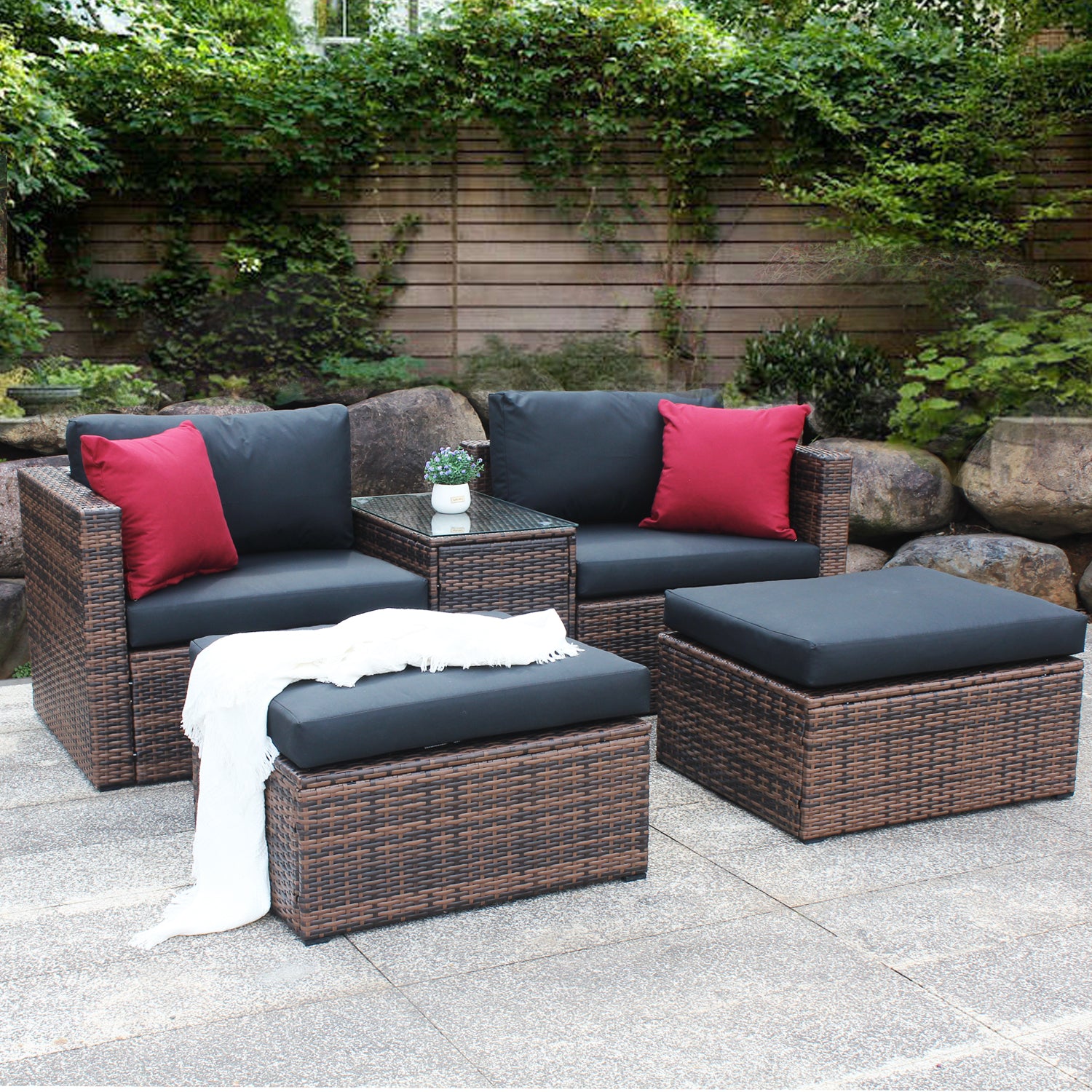 Ensemble de 5 canapés d'angle en osier marron pour jardin et terrasse
