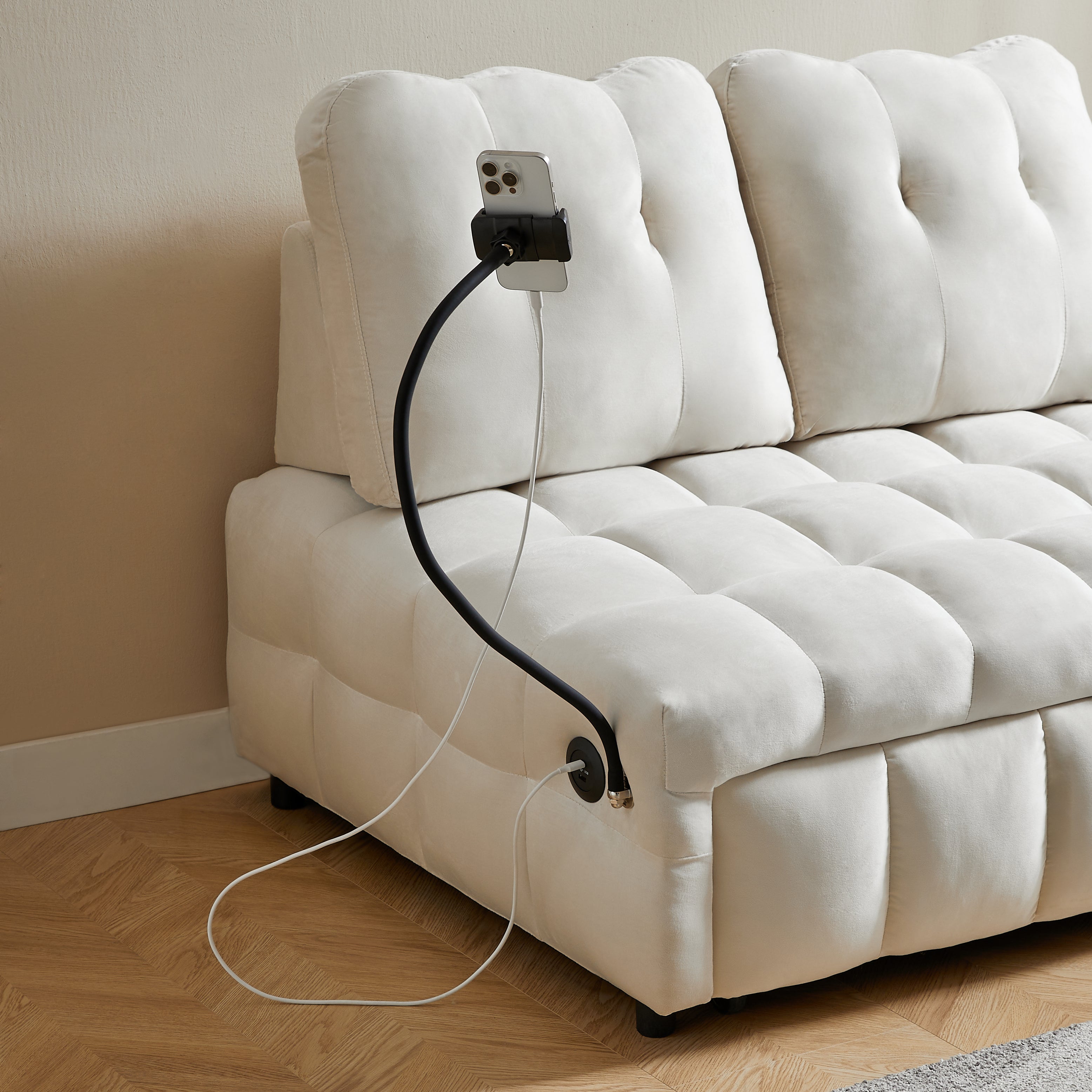 Canapé-lit gigogne moderne en velours, dossier amovible indépendamment, avec port USB et support de téléphone pivotant, beige