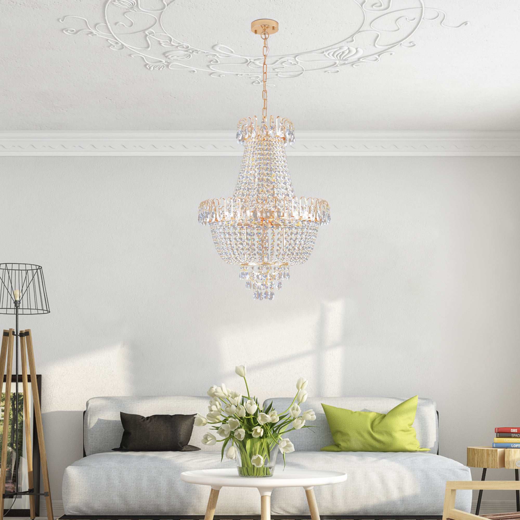 Suspension en cristal doré, grand éclairage de plafond de luxe moderne (sans ampoules)