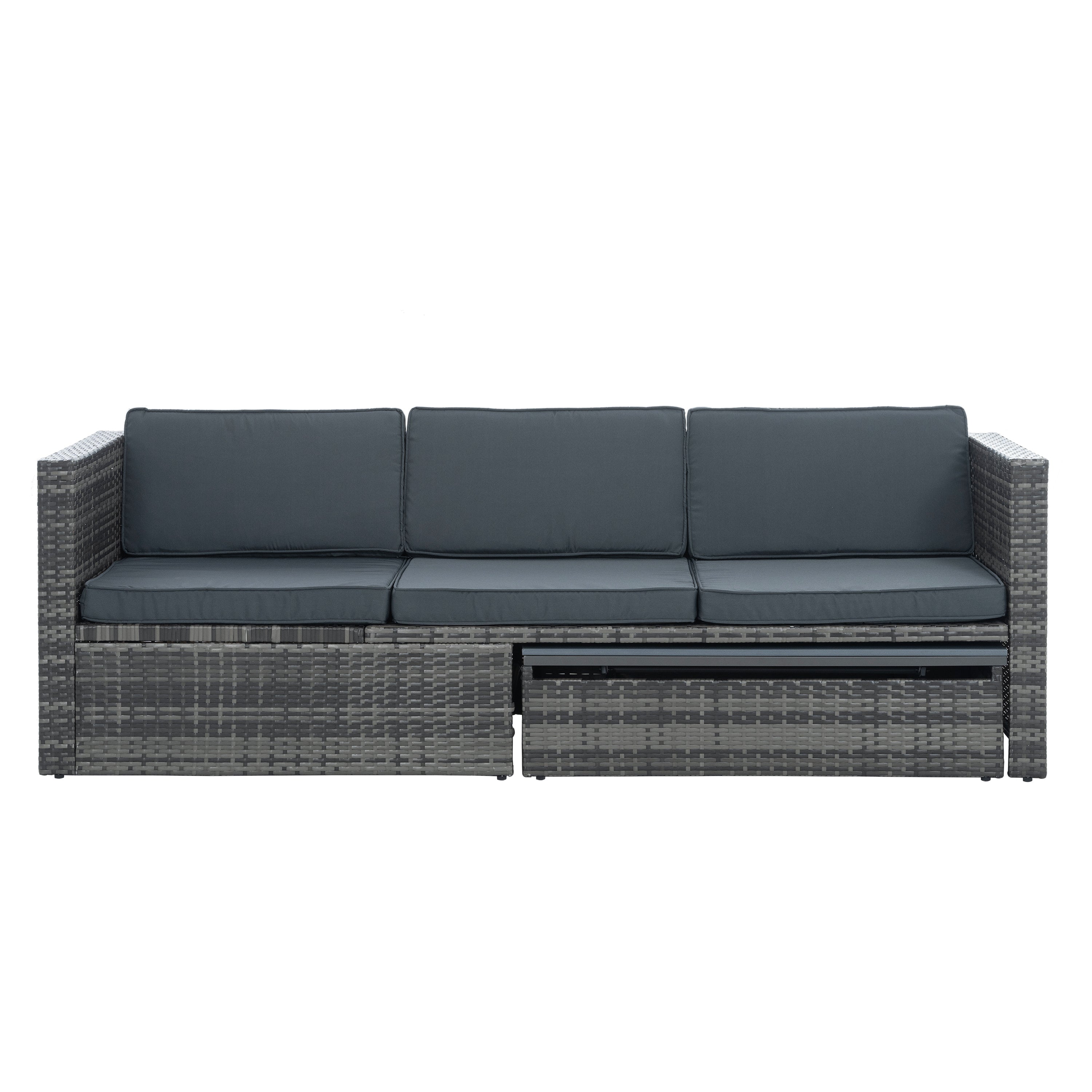 Mobilier de jardin, mobilier d'extérieur, mobilier saisonnier en osier PE, ensemble de 5 meubles en osier avec table basse en contreplaqué
