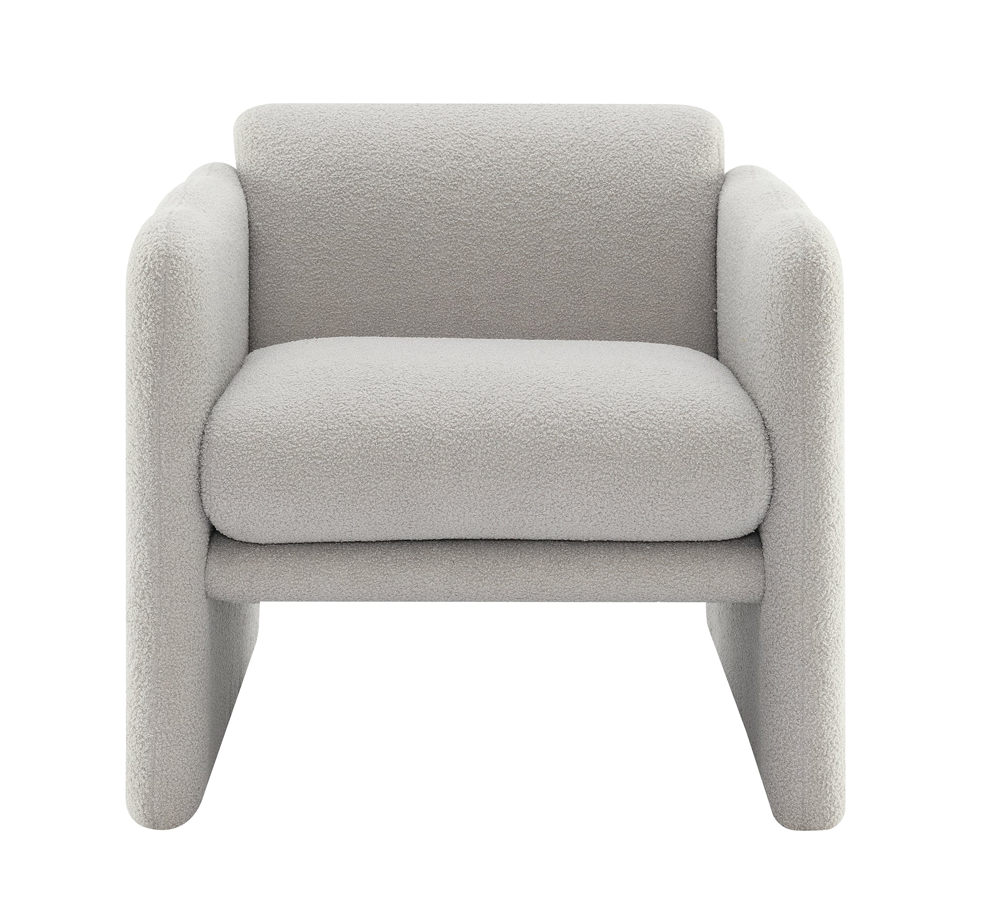 Fauteuil avec accoudoirs ondulés, décorations métalliques de part et d'autre des accoudoirs, en tissu Teddy, gris clair