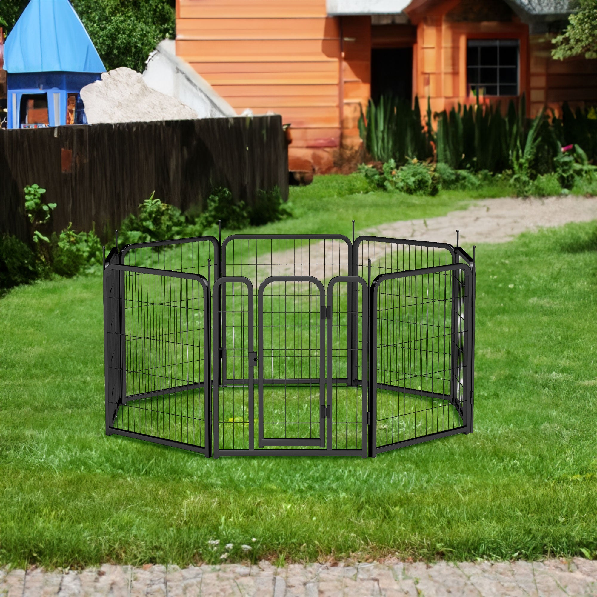 Clôture d'extérieur pour chien, 8 panneaux. Clôture portable pour animaux de compagnie de 79 cm de long. Noire, 67 cm de large x 80 cm de haut.