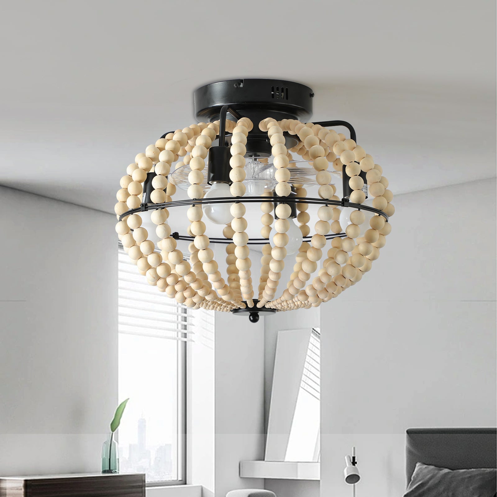 Lampe éventail perlée Lustre en bois perlé Chêne Blanc