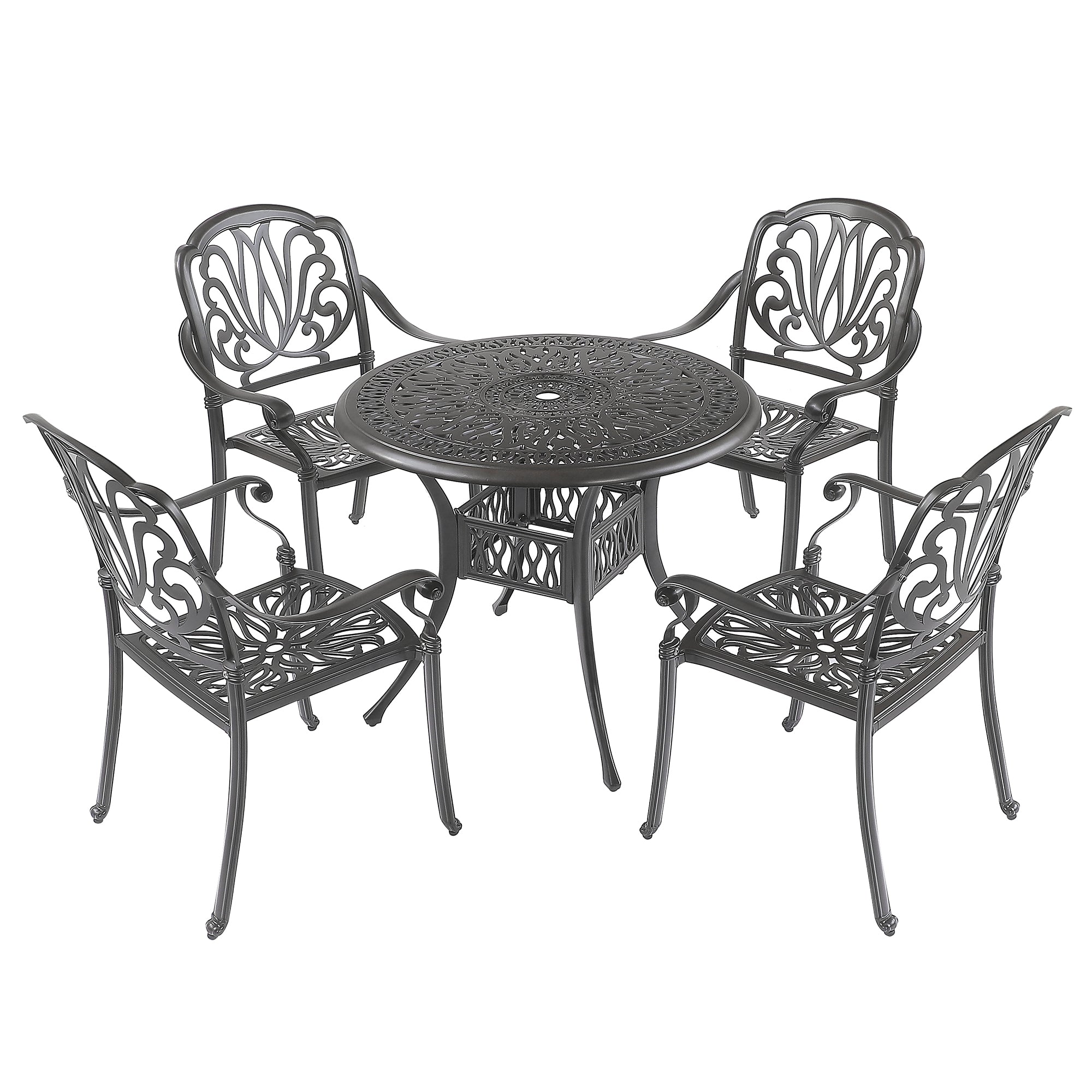 Ensemble de 5 tables à manger pour meubles d'extérieur comprenant 1 table ronde et 4 chaises avec trou pour parasol