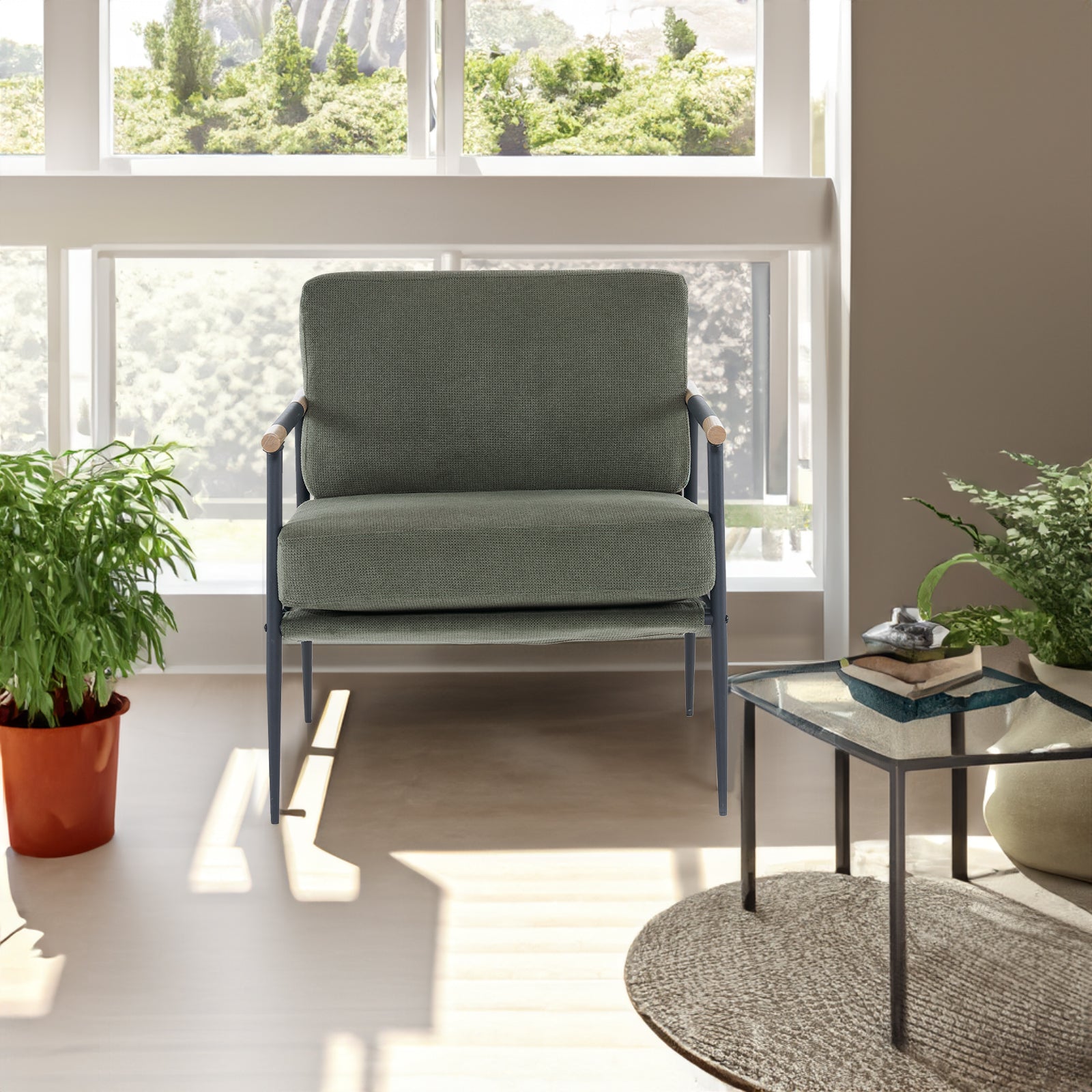 Fauteuil de lecture rembourré et moelleux, fauteuil moderne en tissu chenille avec structure en métal, chaise décorative de salon, vert